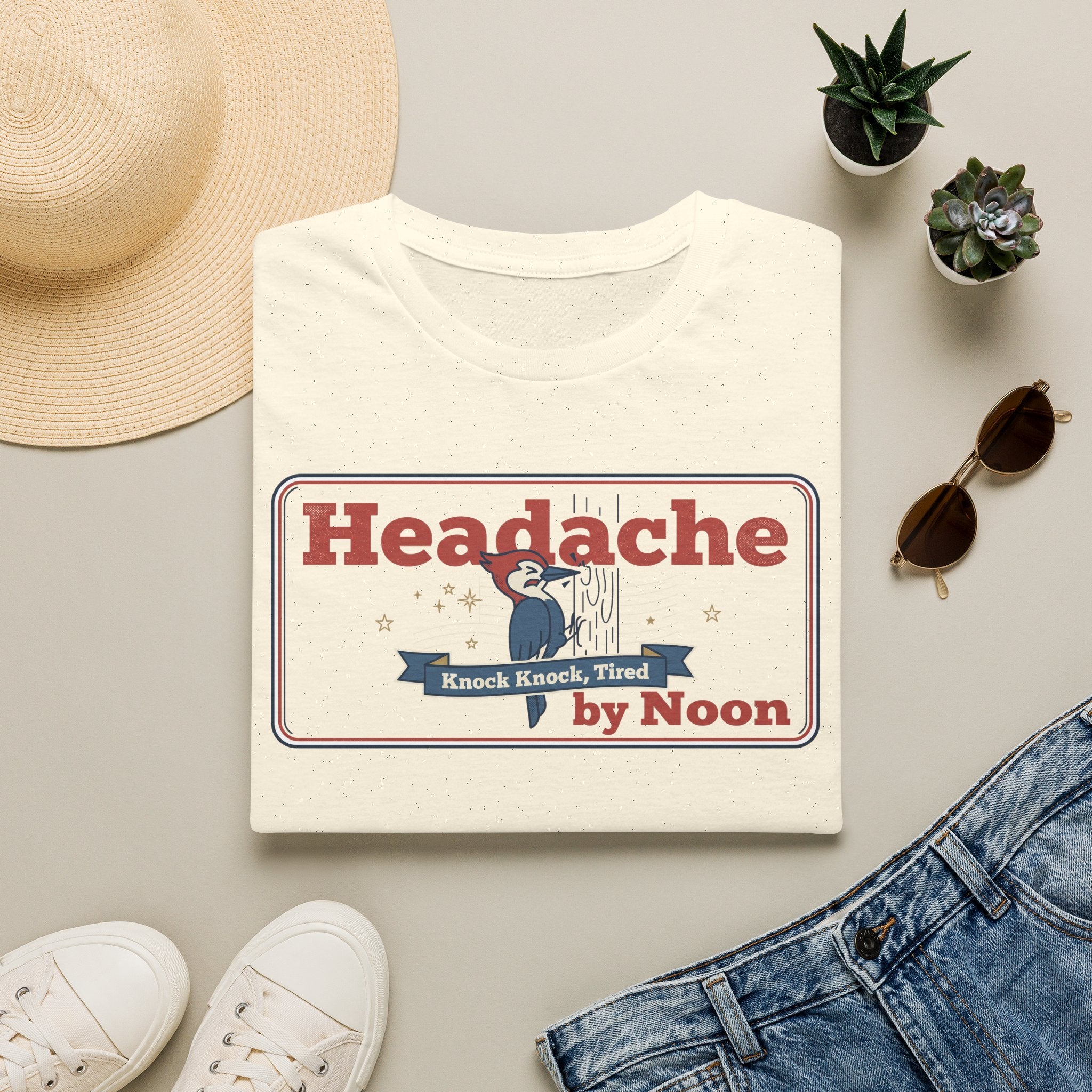 Funny Headache T-Shirt | Knock Knock Tired by Noon Retro Graphic Tee | Sarcastic Humor Gift