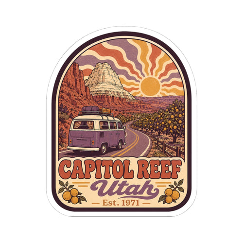 Arch-shaped kiss-cut sticker showing scenic road, sun in desert sky, and Capitol Reef Utah lettering.