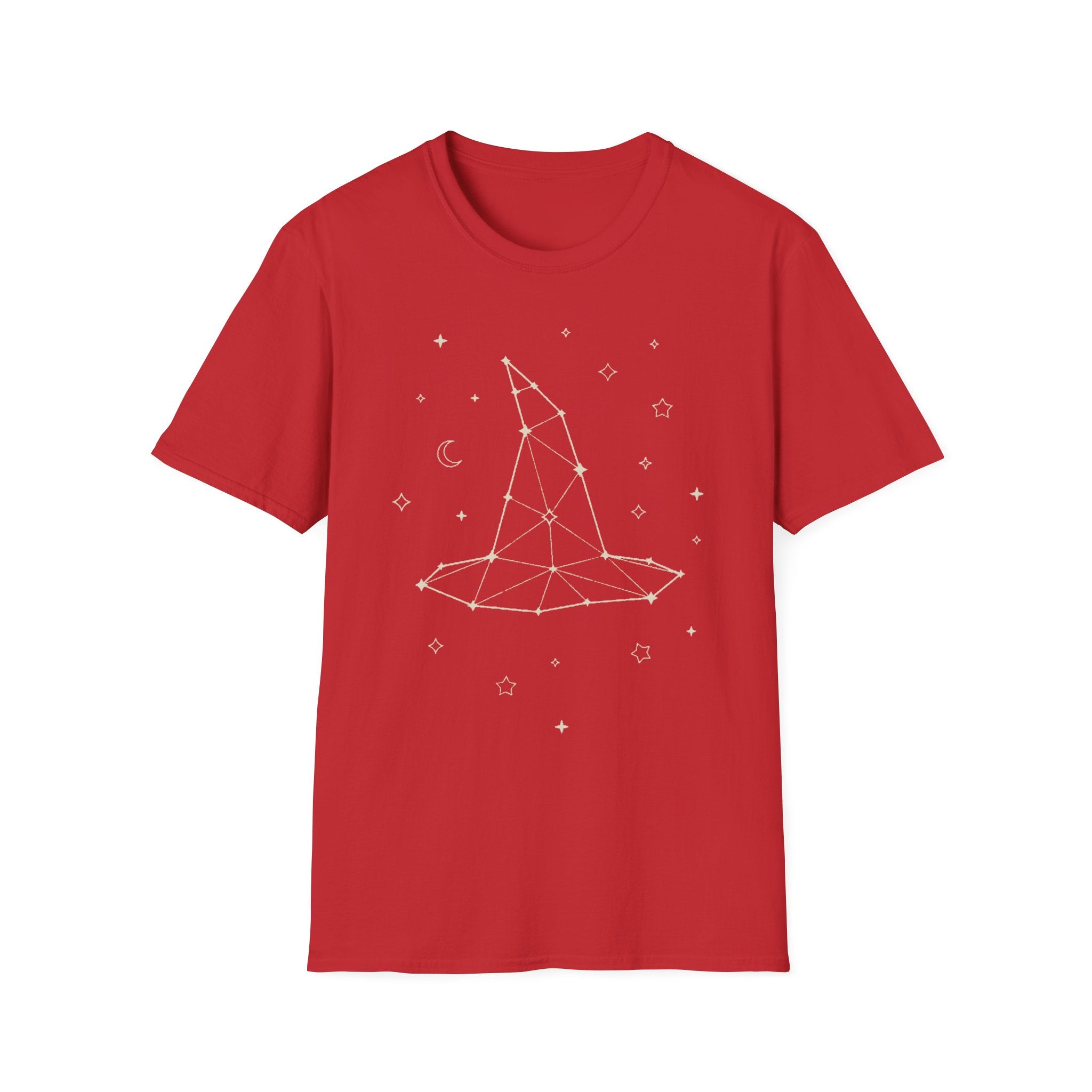 Red witch constellation graphic T-shirt with celestial symbols