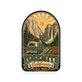 Arched landscape sticker with green camper van, rocky cliffs, sunset sunburst, “California”