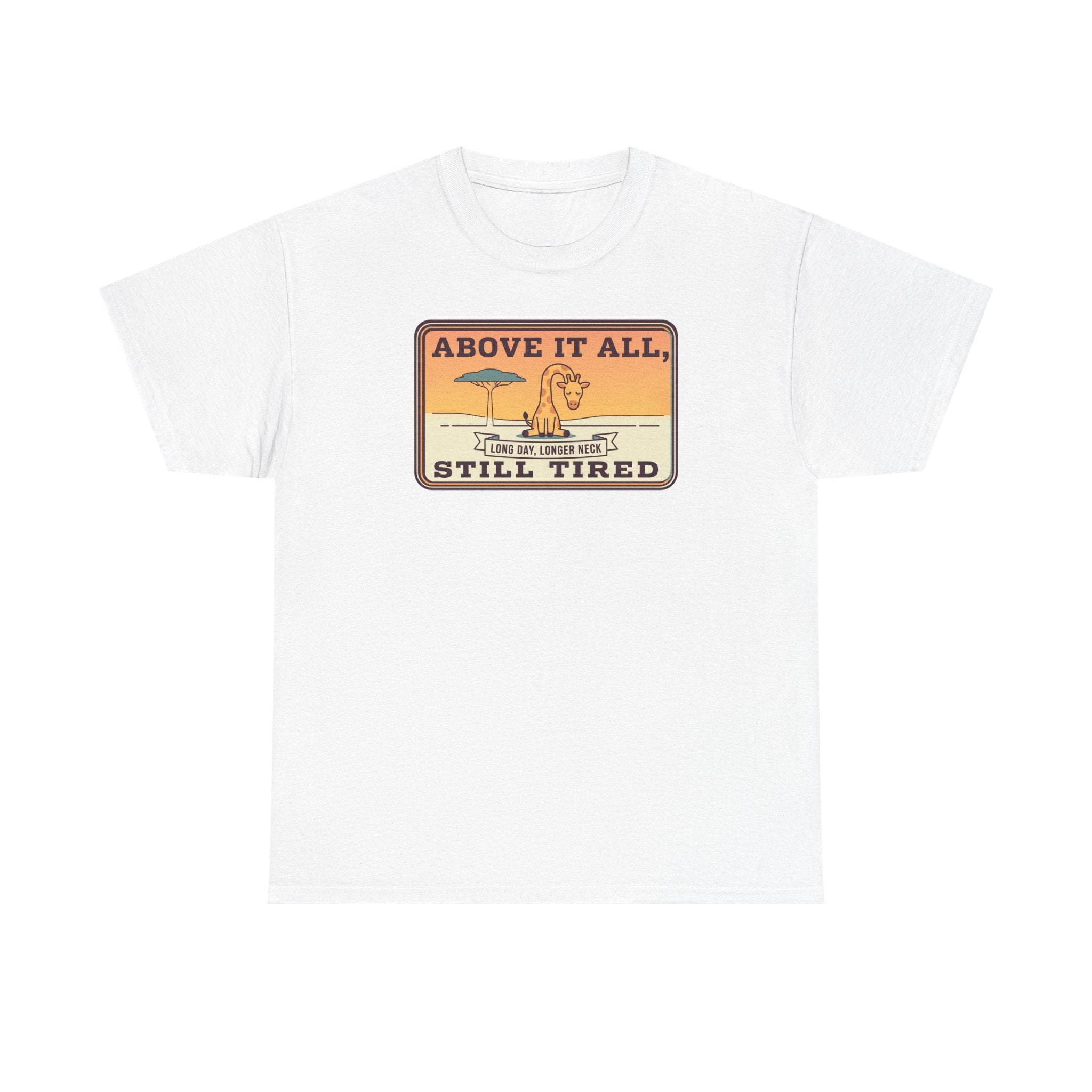 Above It All Still Tired Tee | Retro Beach Scene, Coffee Cup, Sunset Vibes