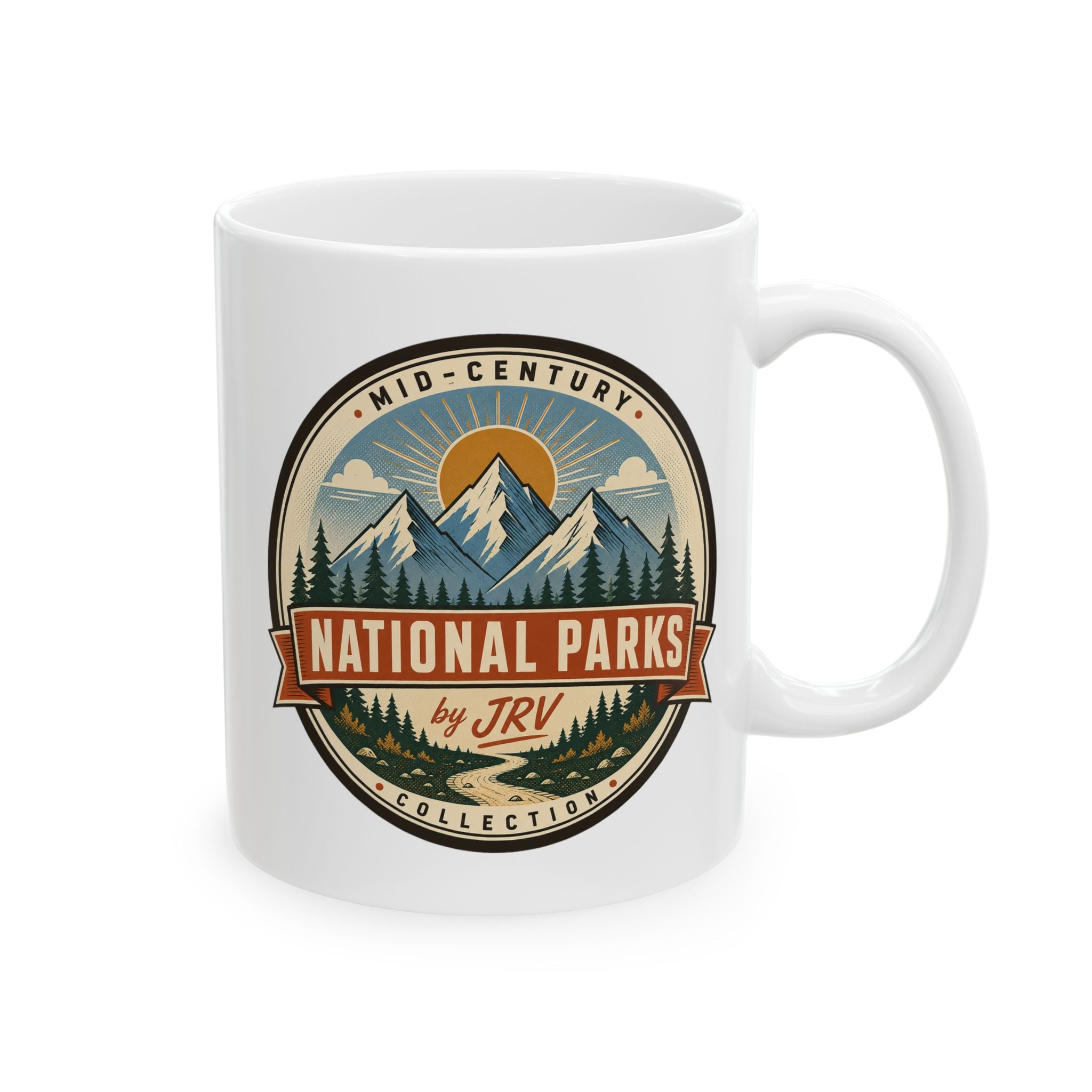 White ceramic coffee mug with Mid-Century National Parks by JRT graphic and pine trees