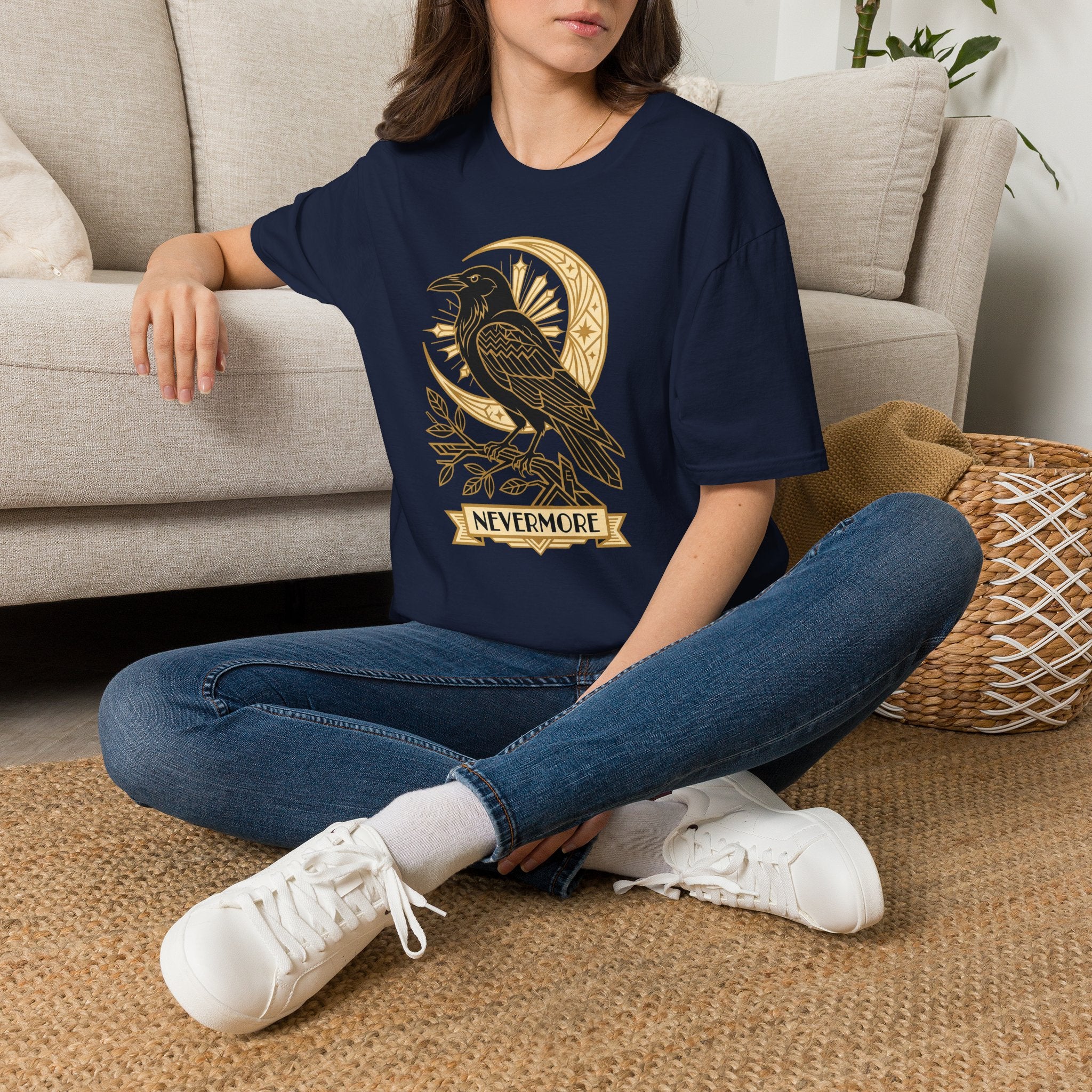 Crewneck T-shirt in navy with gold raven and moon graphic, short sleeves