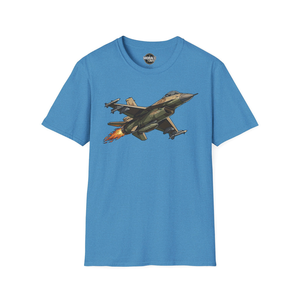 Heather Galapagos Blue fighter jet illustration T-shirt with colorful jet graphic
