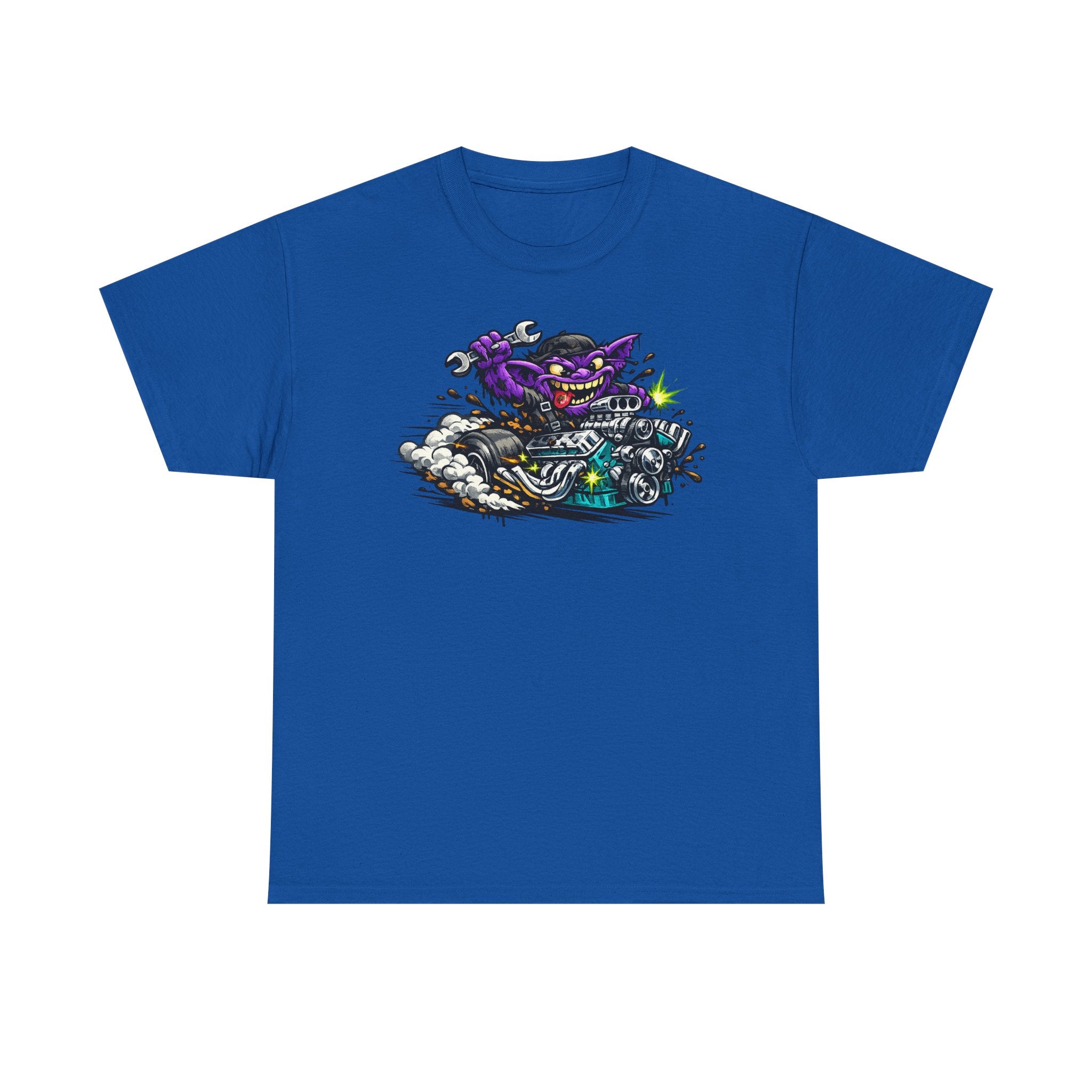 Purple Grinning Cat Biker Tee | Retro Cartoon Motorcycle Graphic T-Shirt, Unisex Streetwear Gift