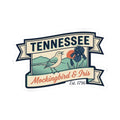 Vinyl state badge sticker with Tennessee banner, mockingbird, and blue iris design