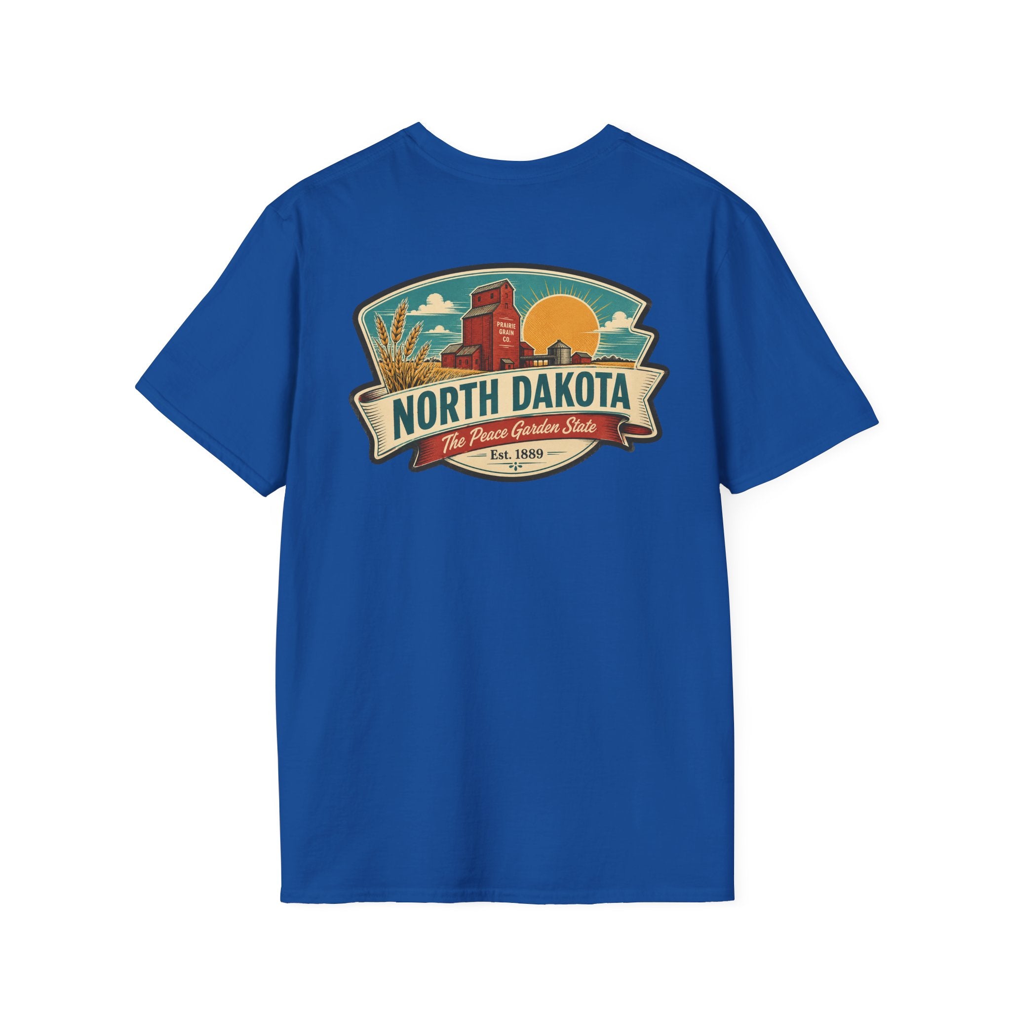 Royal blue T-shirt with North Dakota logo graphic on the chest