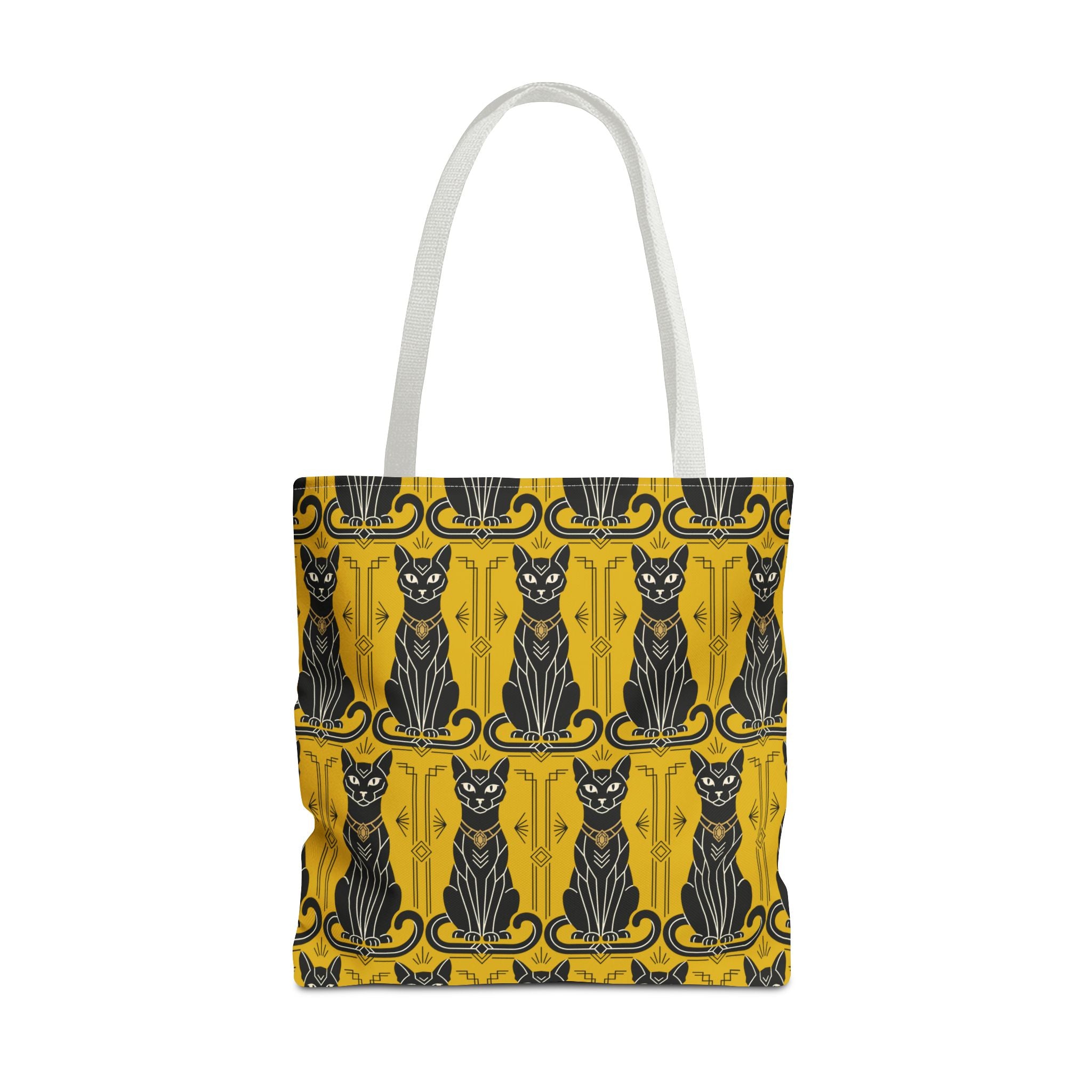 Tote bag with ornate blue frame cats on yellow, light gray top handles.