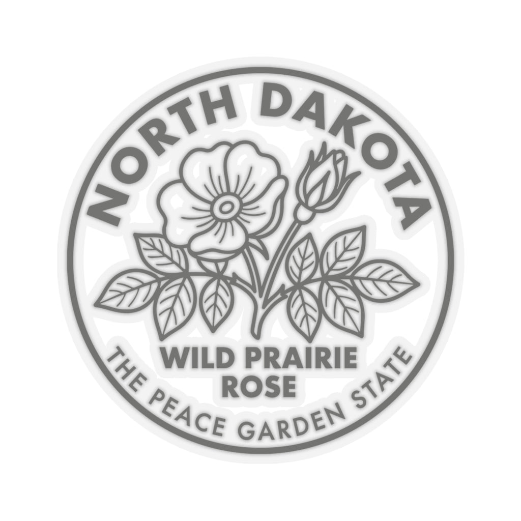 Round transparent vinyl sticker with North Dakota prairie rose flower and surrounding text