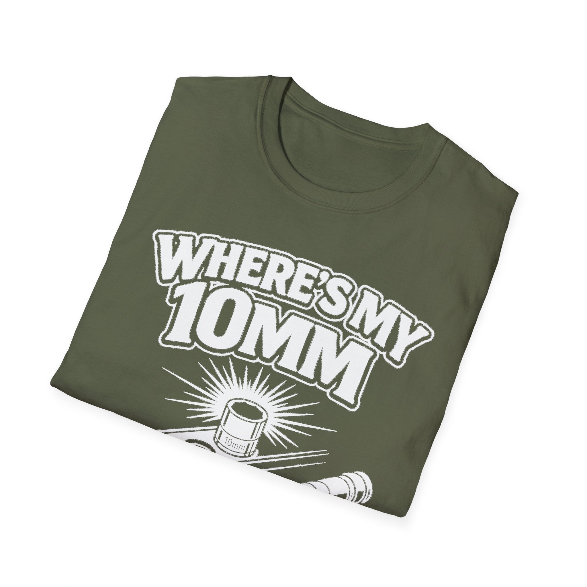Military green T-shirt with “WHERE’S 10MM” tool-themed text graphic and wrench icon