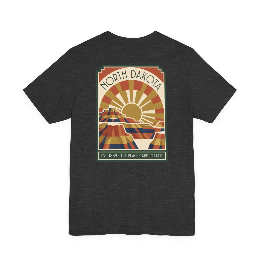 Black T-shirt with framed North Dakota sunburst graphic, EST. 1889