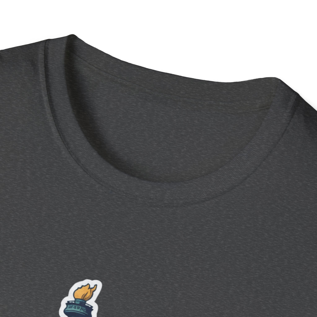 Dark heather T-shirt with round crew neck and small flame skyline graphic