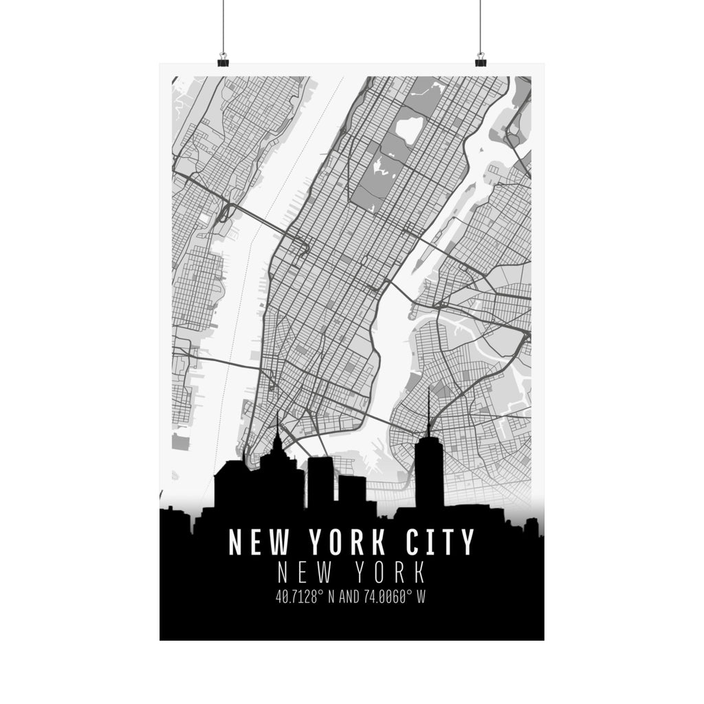 Matte NYC map wall art with skyline silhouette and latitude/longitude text
