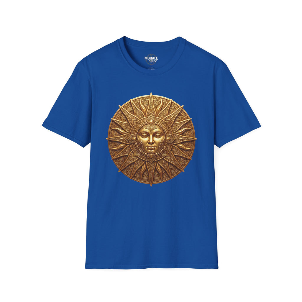 Bronze Sun Face medallion T-shirt, royal blue tee with bronze-gold sunburst face