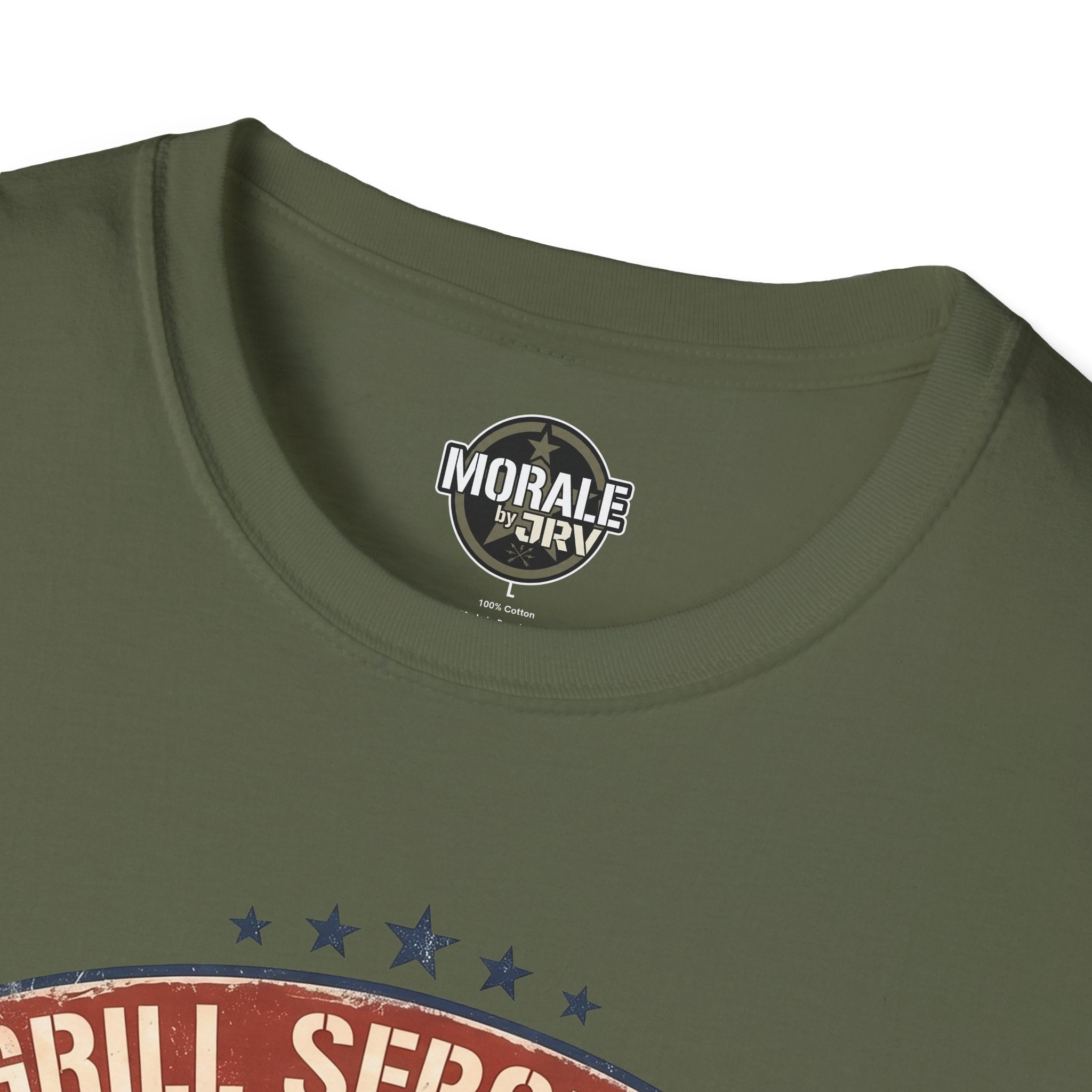 Military green T-shirt neck label: “Morale by DRIVR”, crew neck close-up