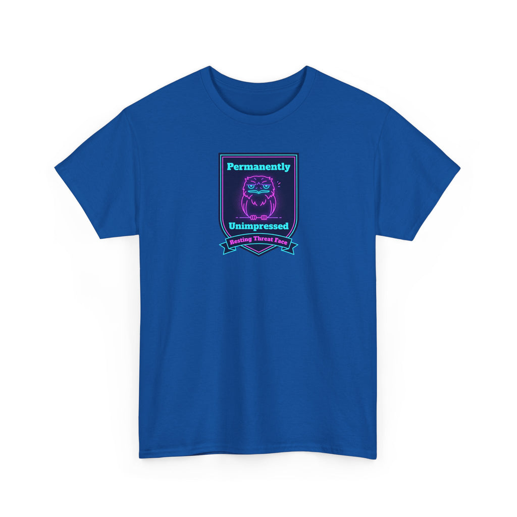 Permanently Unimpressed Badge Tee | Retro Neon Robot Design