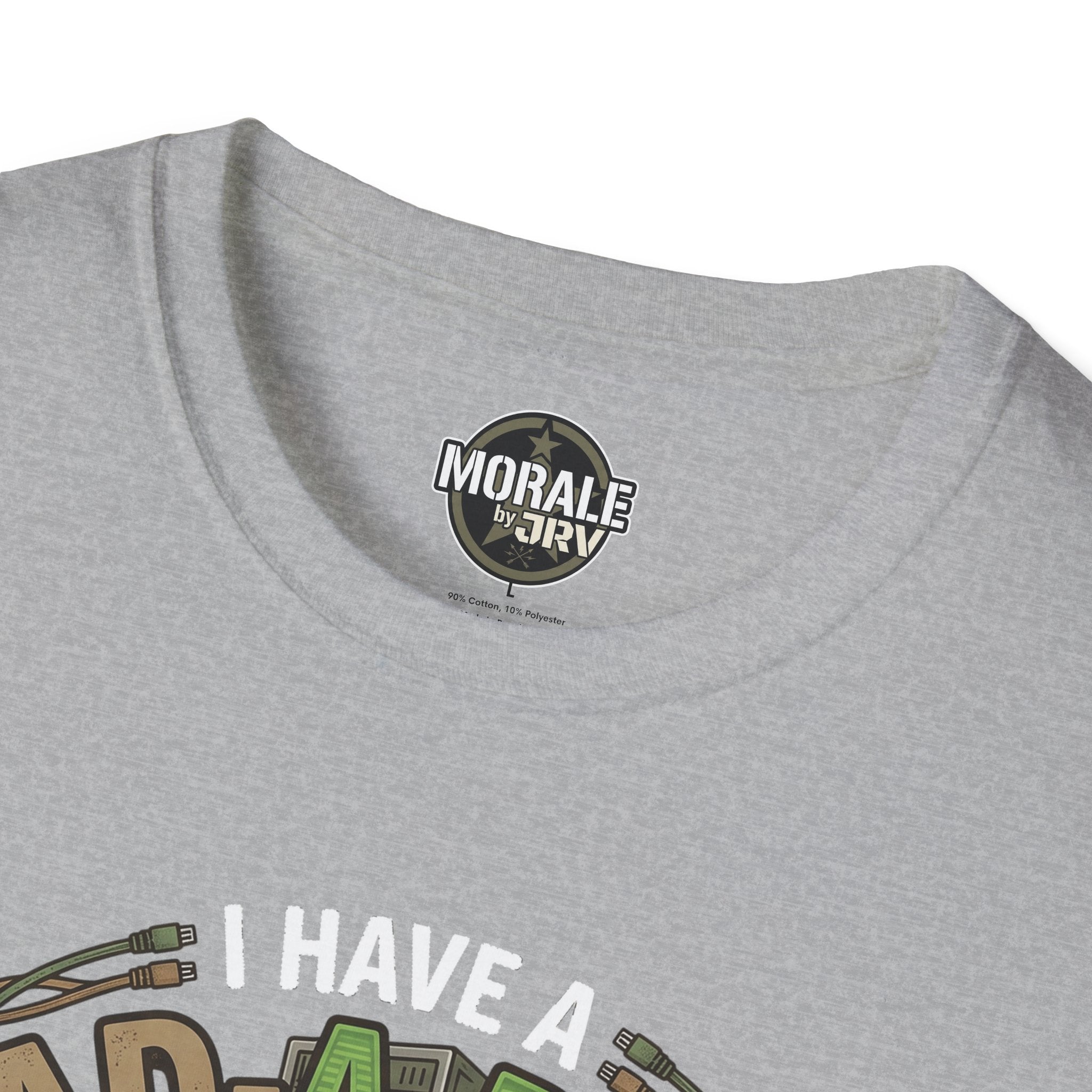 Sport grey crew-neck T-shirt collar with small circular logo above graphic text
