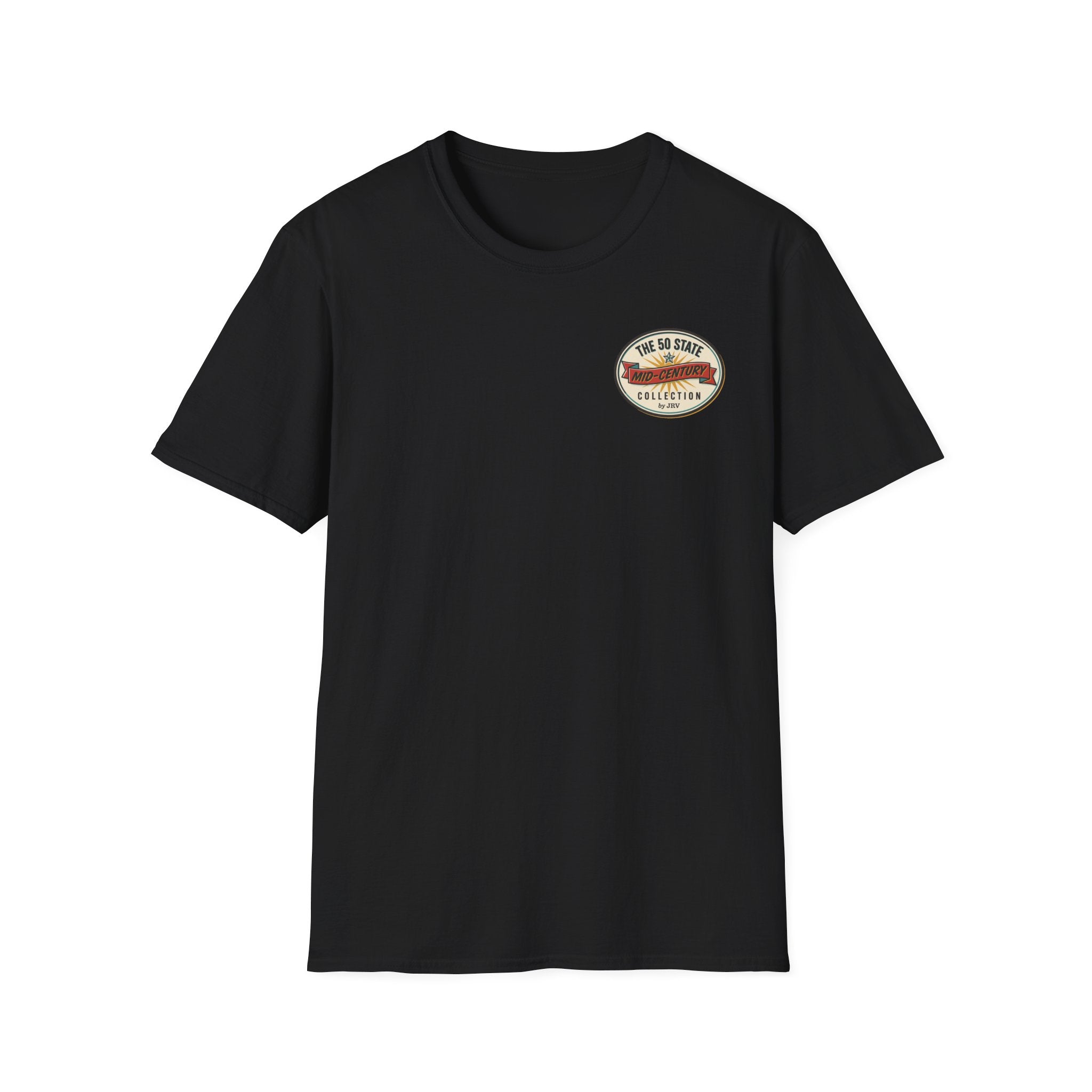 Black crew neck t-shirt with small round chest badge graphic