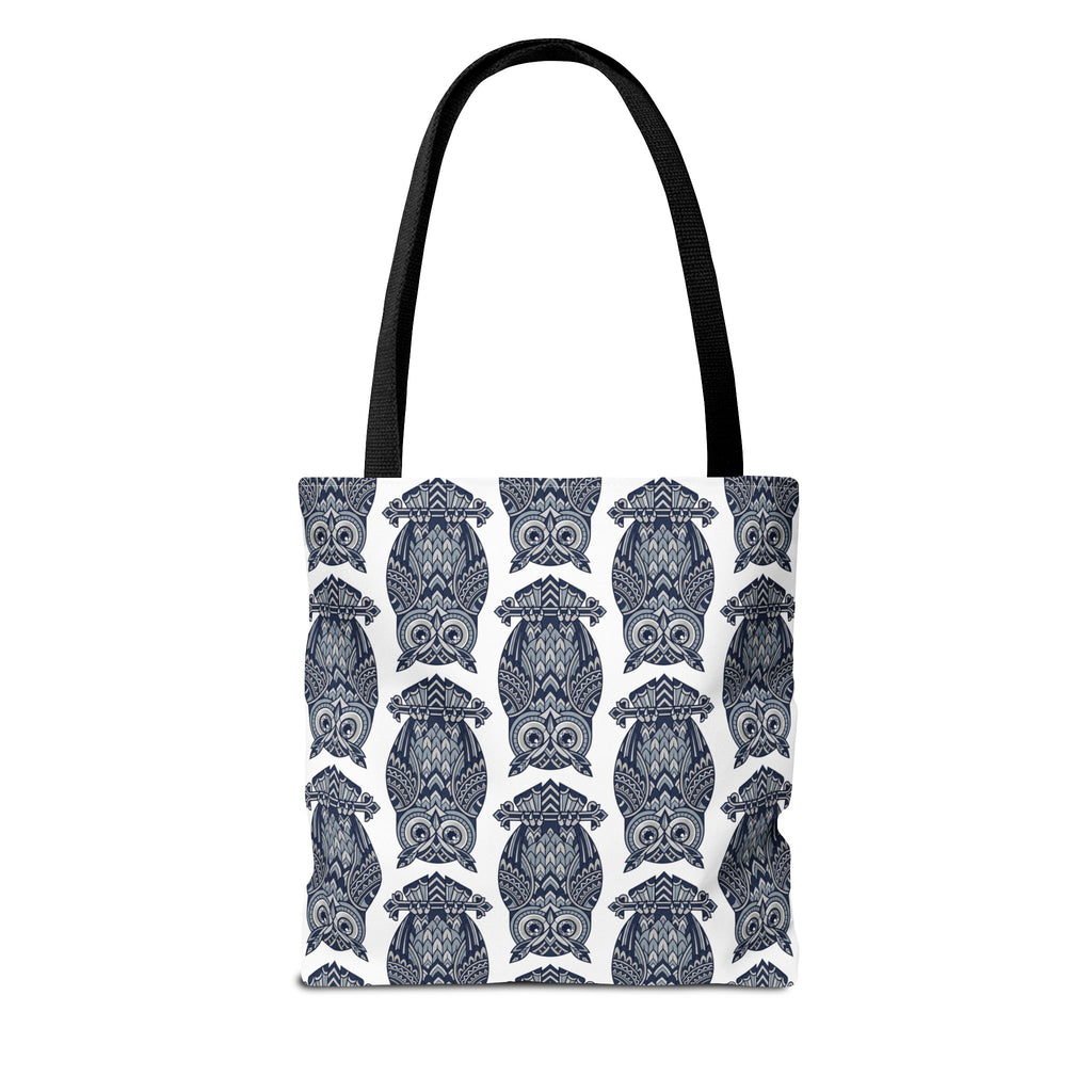 Navy owl tote bag with dark handles, densely repeated blue-and-white owl illustration print