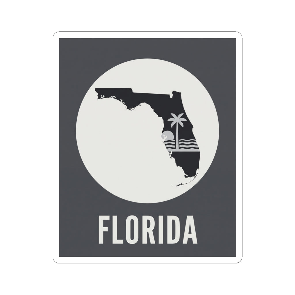 Florida silhouette sticker with circular map cutout, palm and wave stripes, FLORIDA text