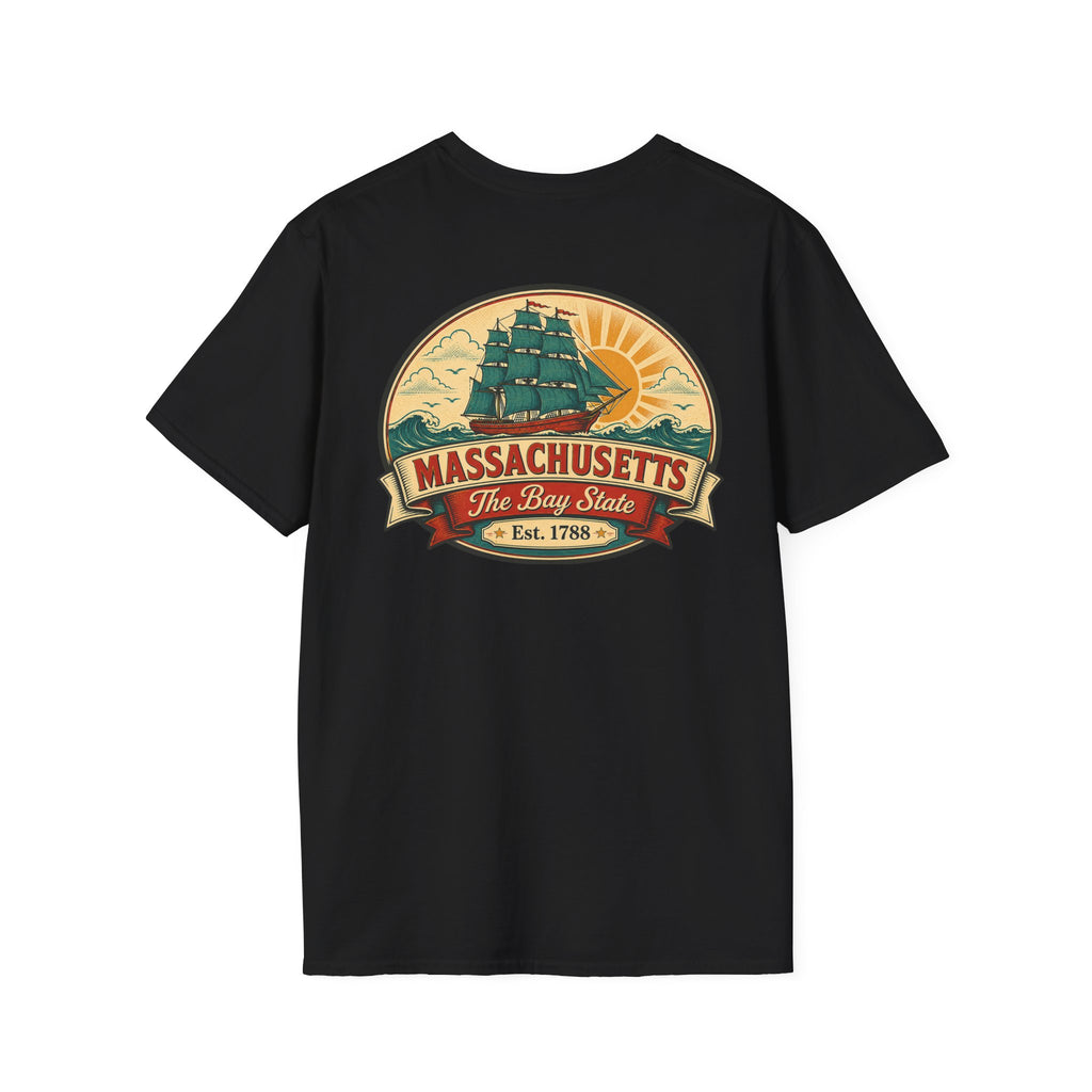 Black Massachusetts T-shirt with circular Bay State logo graphic on front