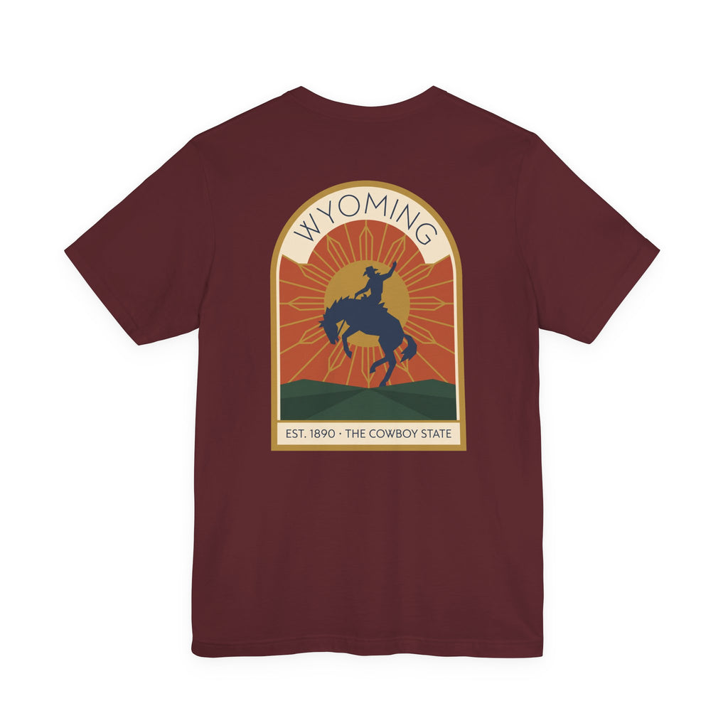 Maroon crew-neck T-shirt with large Wyoming rodeo bucking bronco graphic on chest