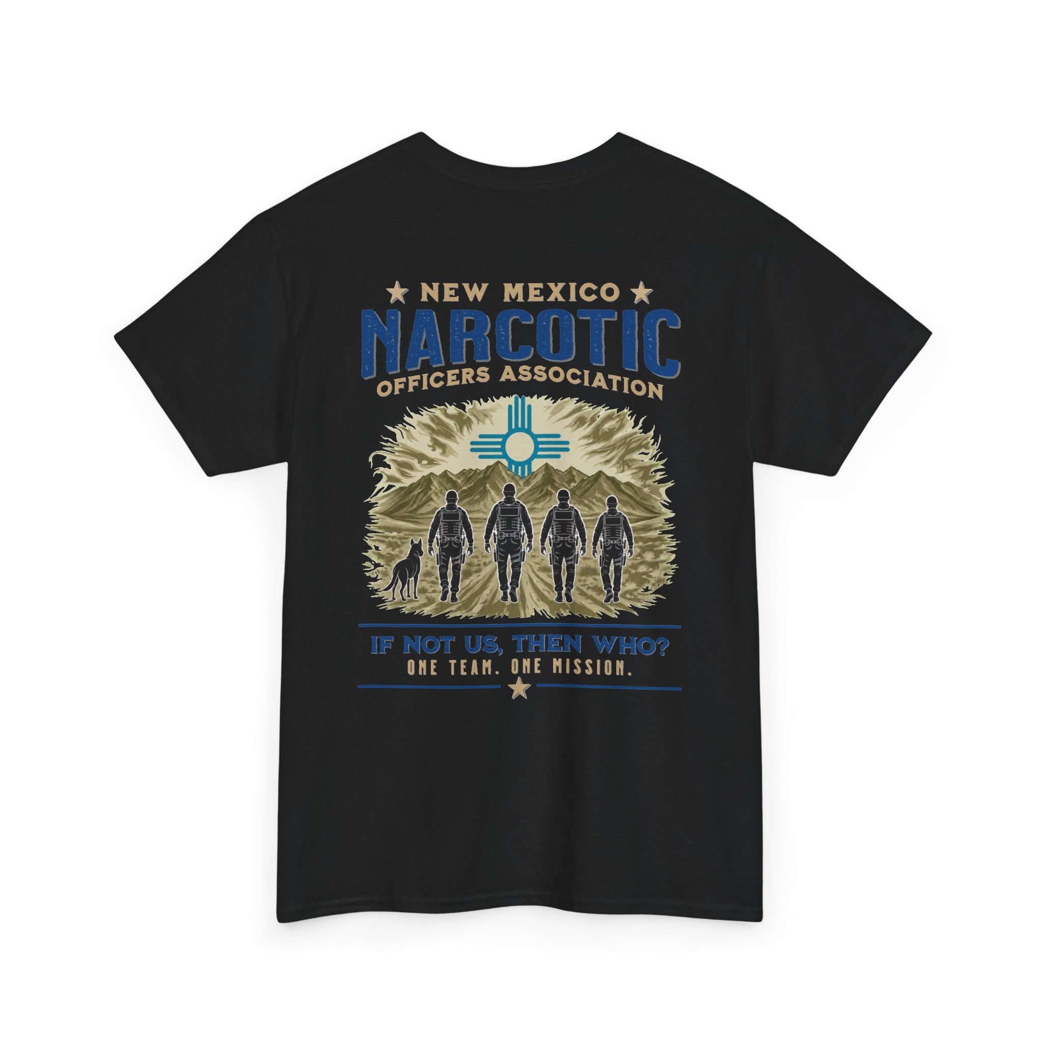 Black crewneck tee with large New Mexico Narcotic Officers Association front graphic