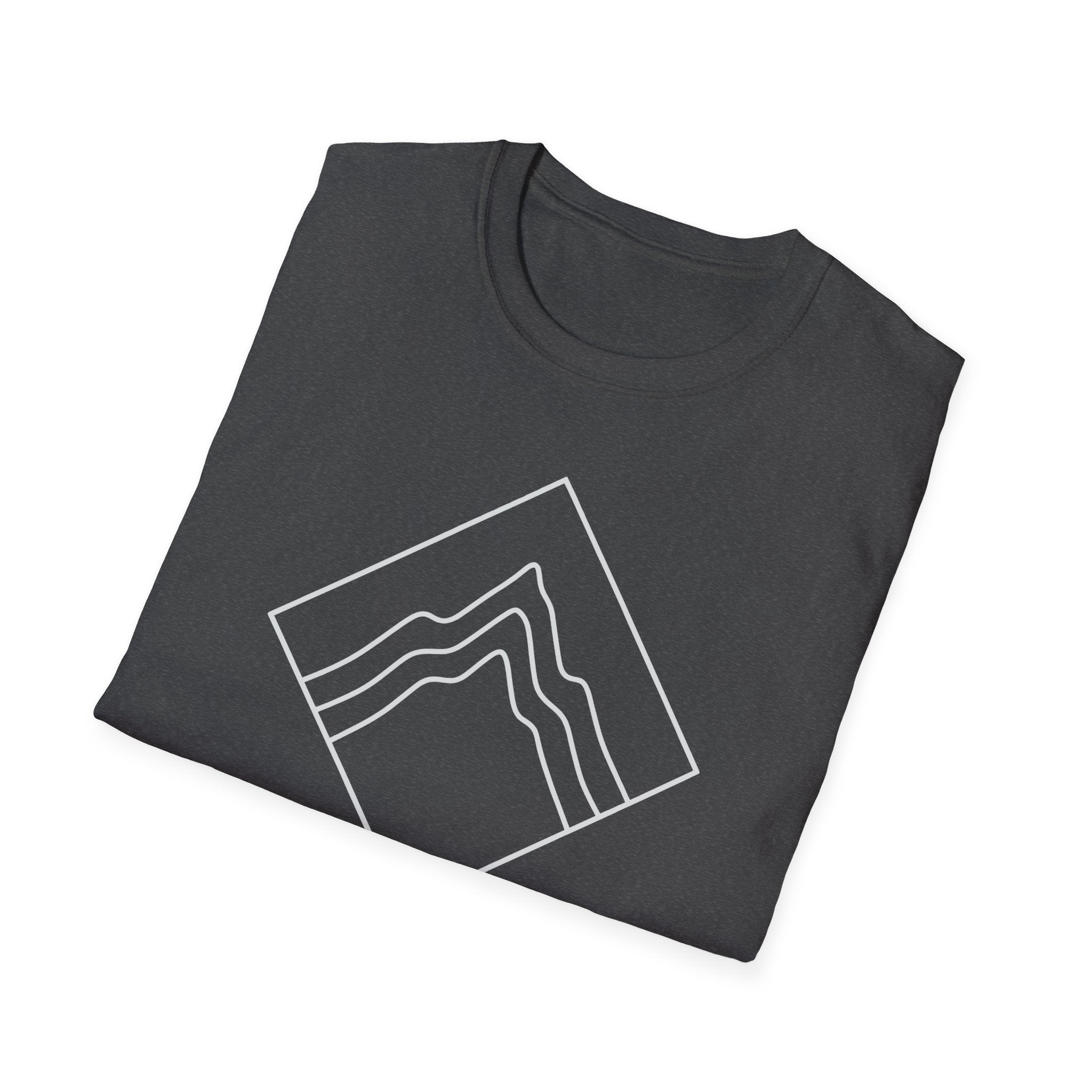 Dark heather T-shirt with white outline mountain topographic graphic