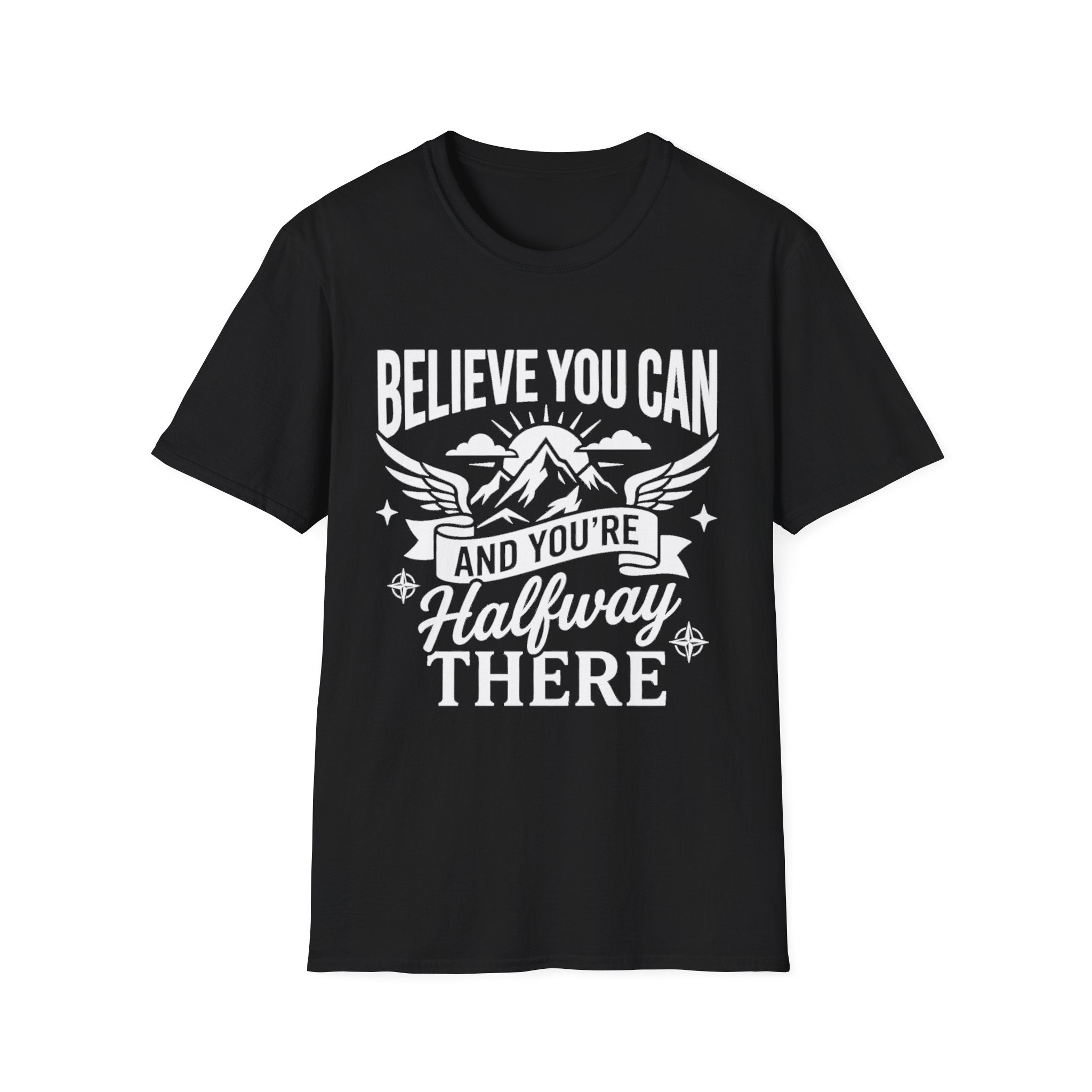Black T-shirt with “Believe You Can” mountain-and-wings typography print