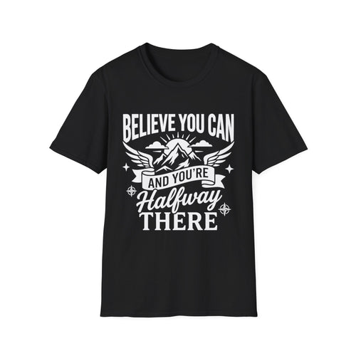 Black T-shirt with “Believe You Can” mountain-and-wings typography print