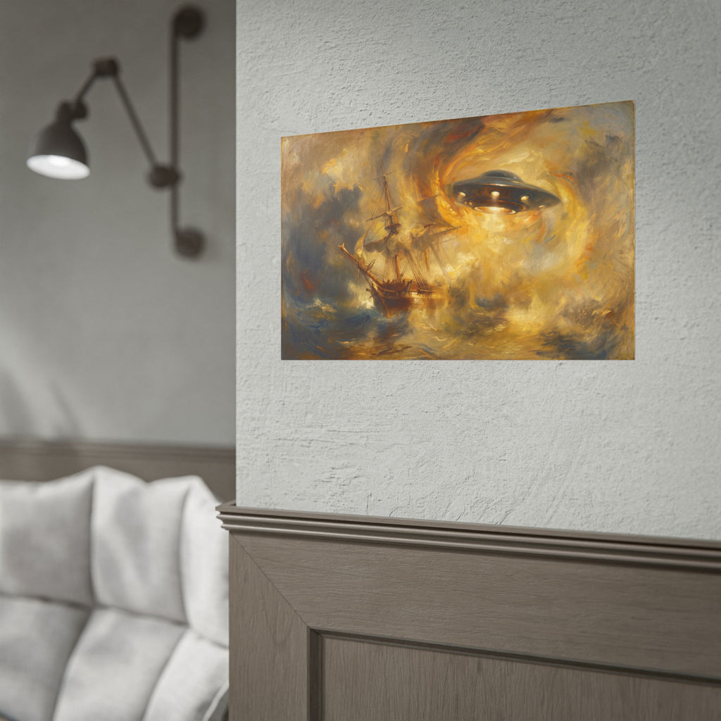 UFO shipwreck wall poster, glowing eye artwork above a cloudy shipwreck