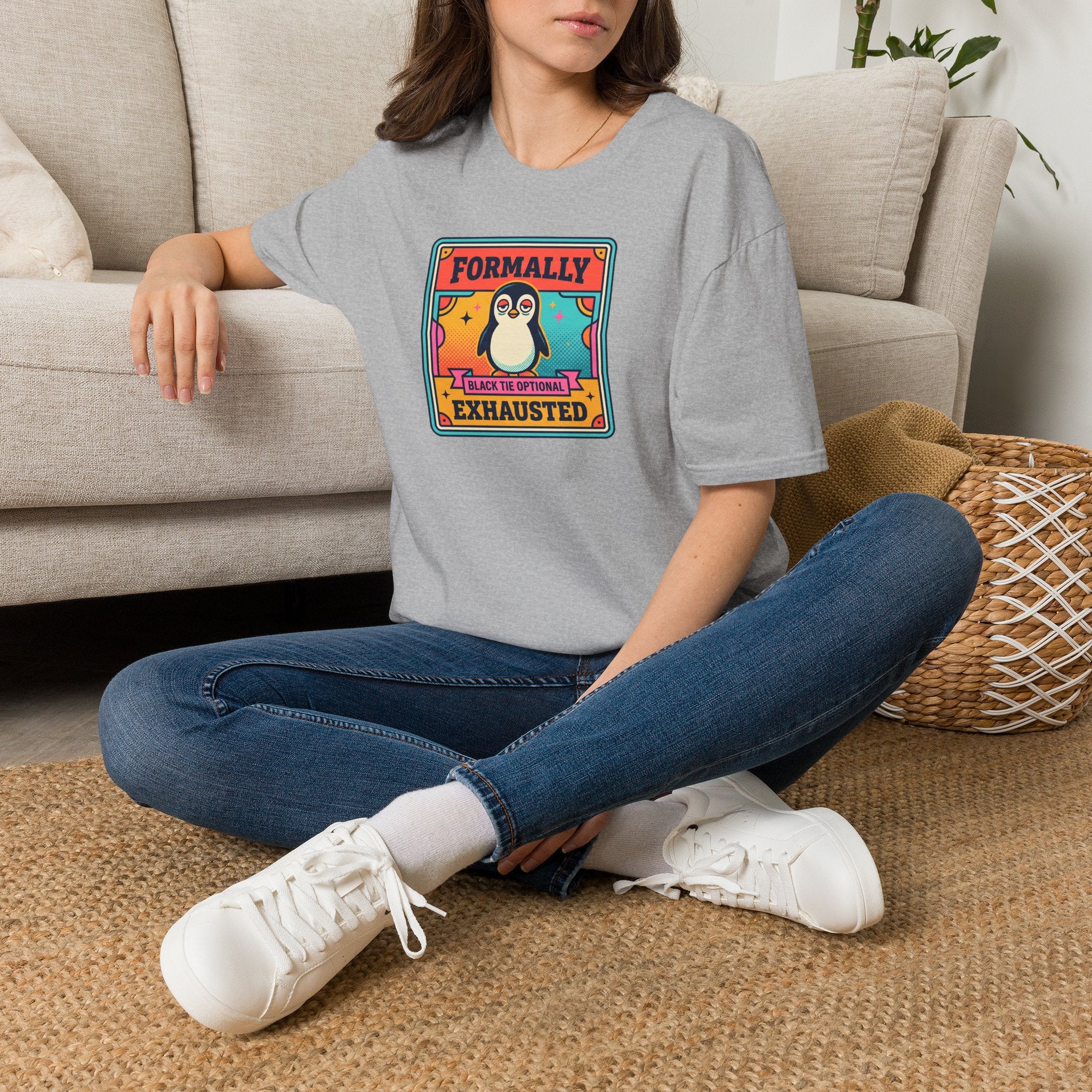 Funny Penguin T-Shirt | Formally Exhausted Black Tie Optional Retro Graphic Tee | Penguin Gift