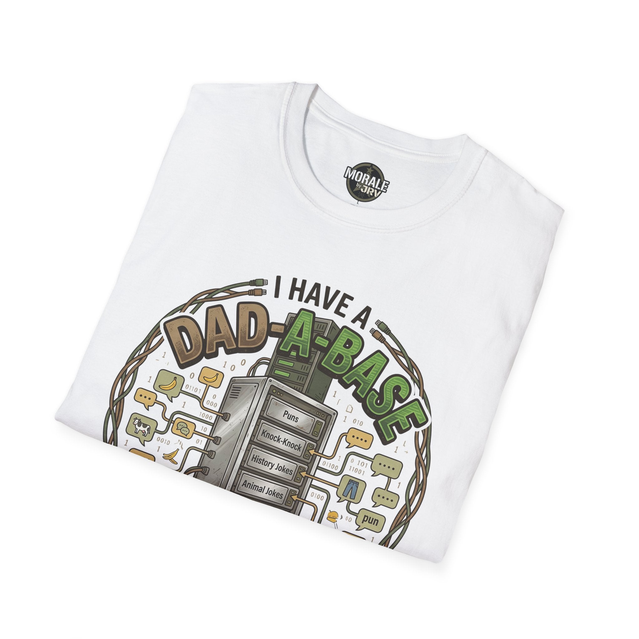 White T-shirt with “Dad-A-Base” dad jokes graphic in a chest close angle