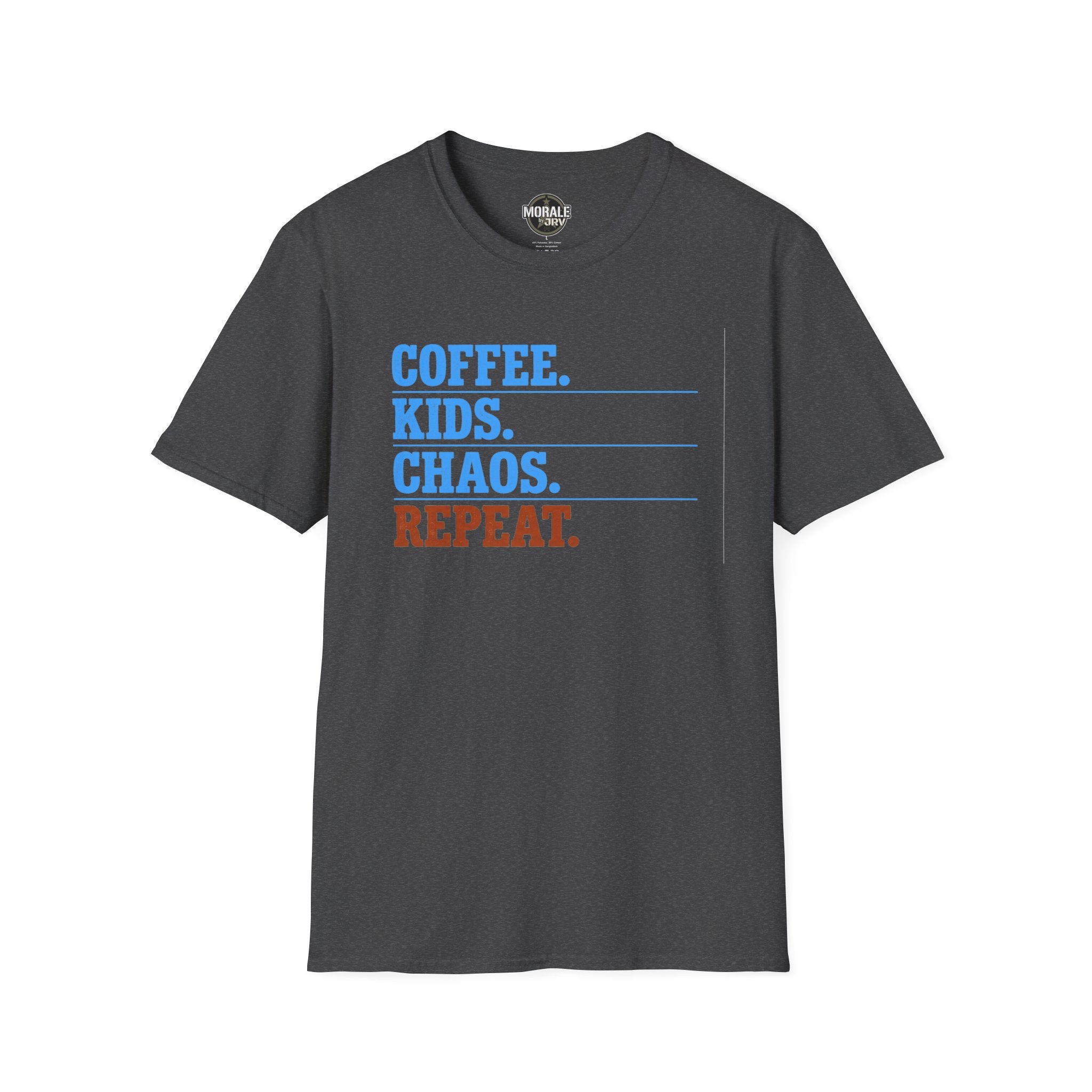 Dark Heather T-shirt with “COFFEE. KIDS. CHAOS. REPEAT.” graphic print