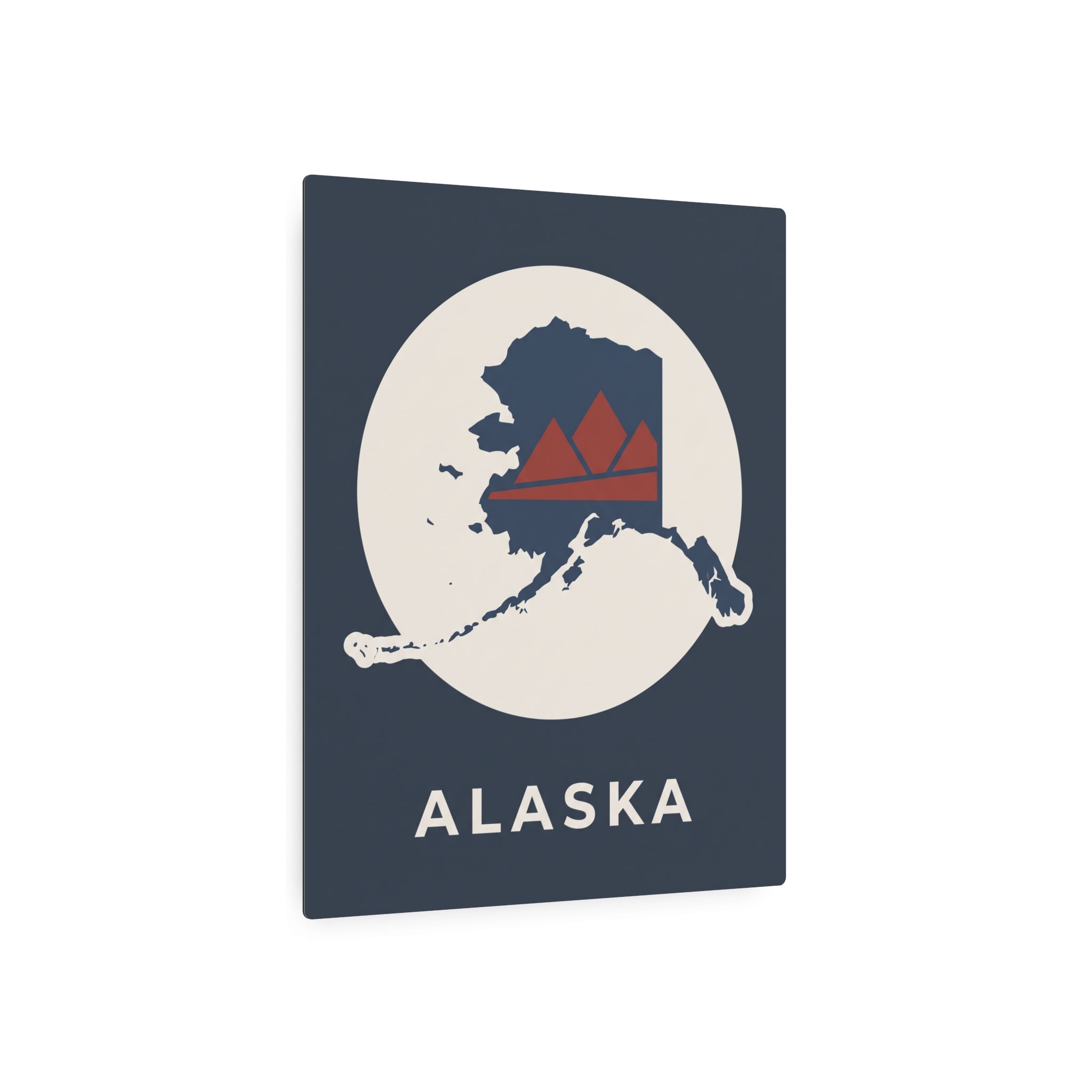 Alaska metal wall sign, dark blue square with circular Alaska outline, red mountains, ALASKA