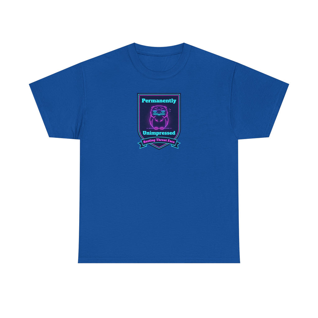 Permanently Unimpressed Badge Tee | Retro Neon Robot Design
