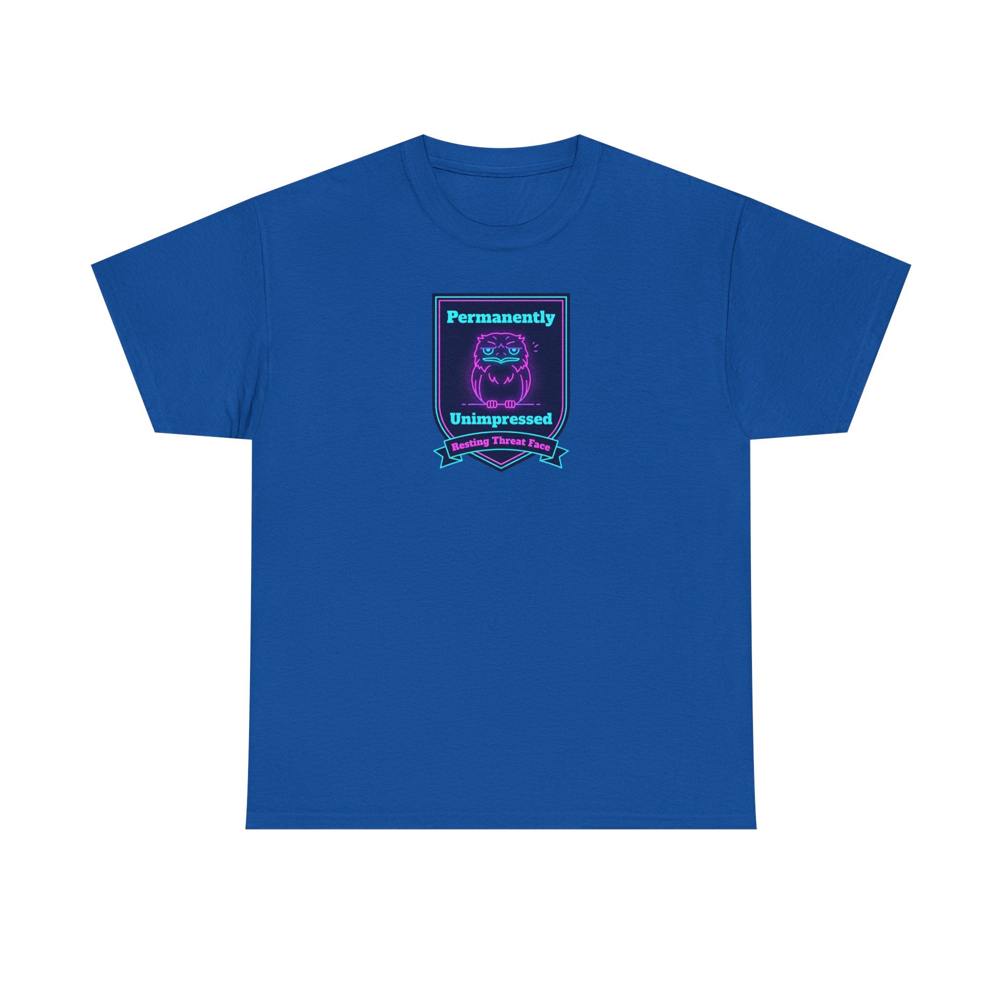 Permanently Unimpressed Badge Tee | Retro Neon Robot Design