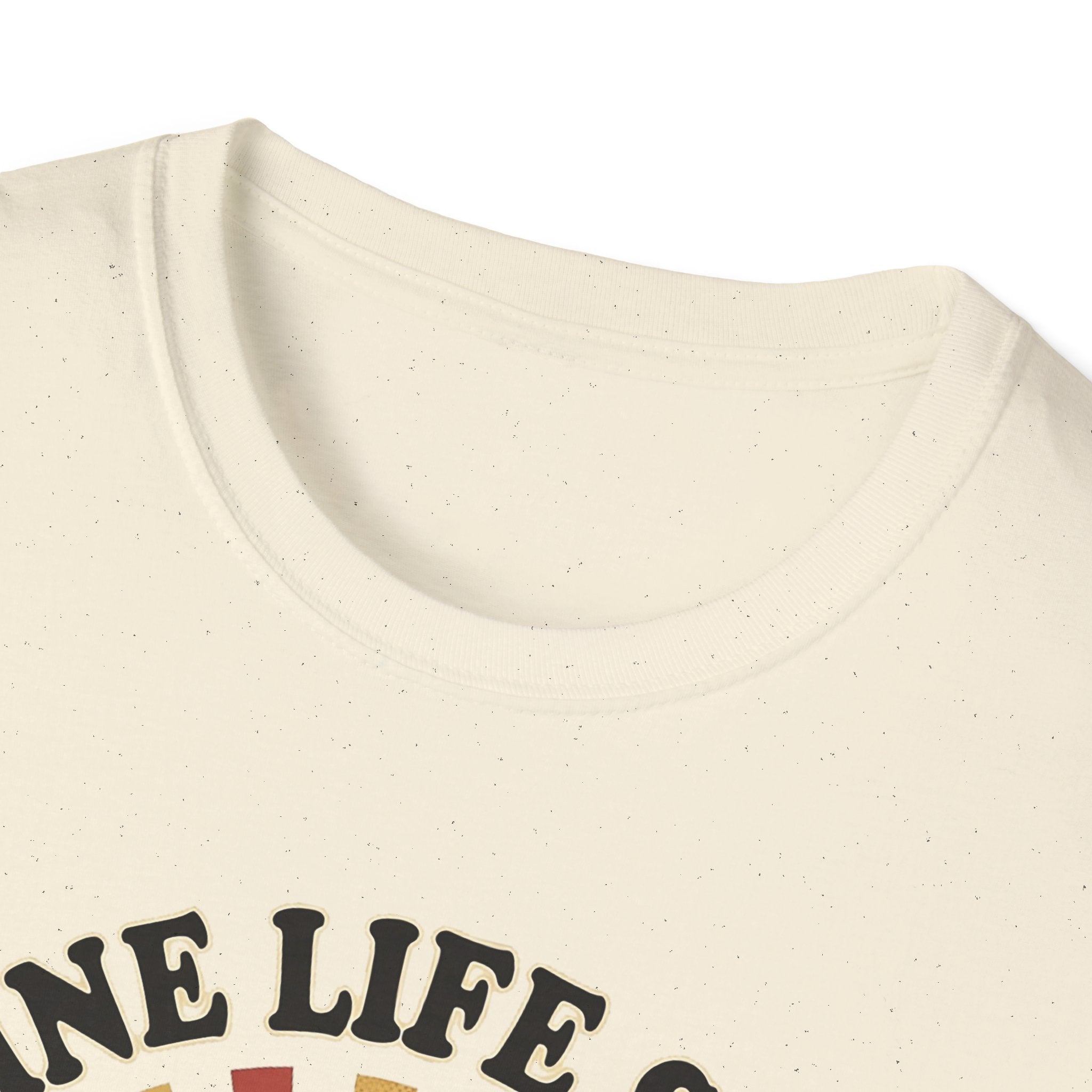 Caffeine Life Support T-Shirt in Natural, crew neckline close-up