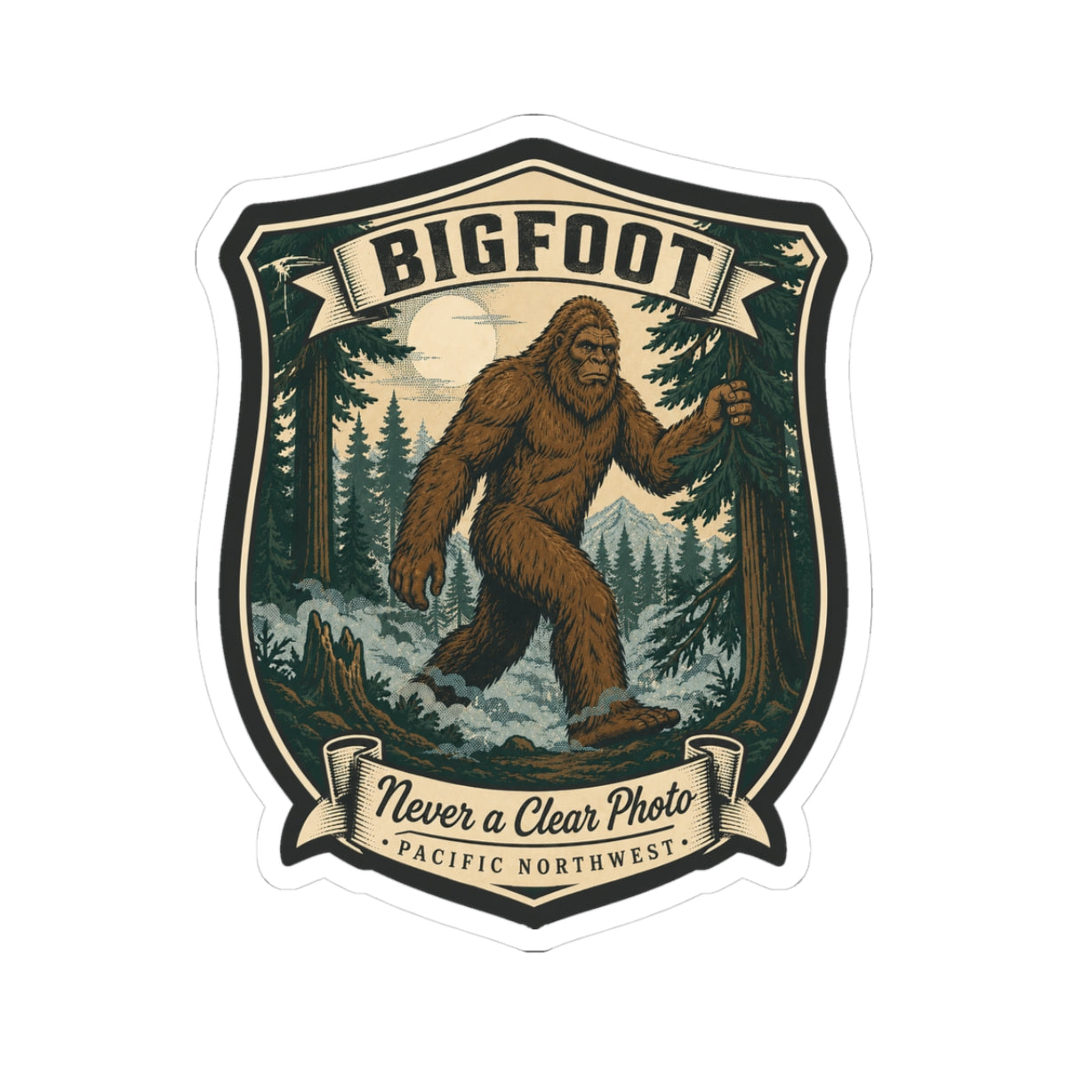 Bigfoot hiking badge sticker with forest scene, brown Sasquatch, shield design and “BIGFOOT”