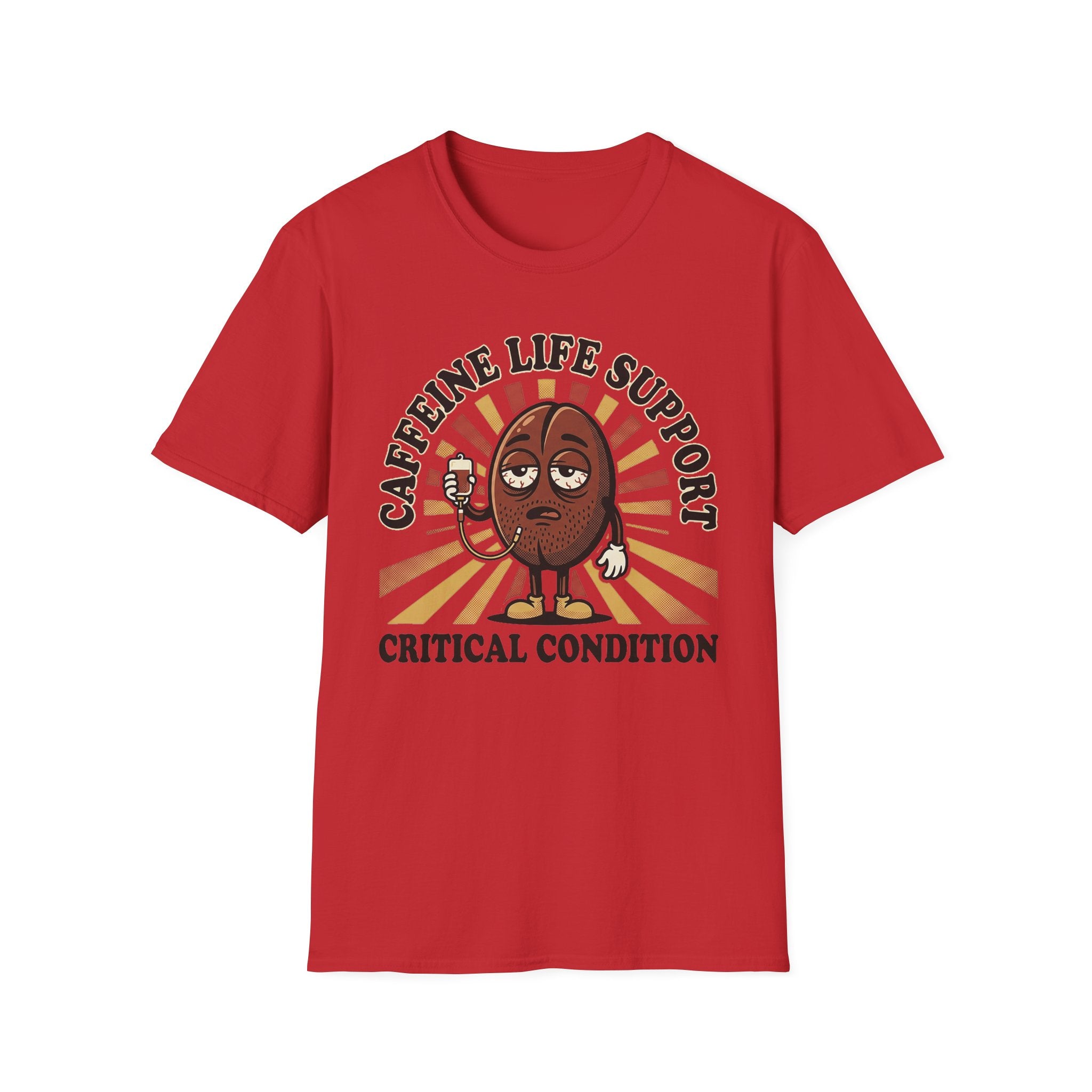 Red T-shirt with cartoon coffee bean and “CRITICAL CONDITION” graphic