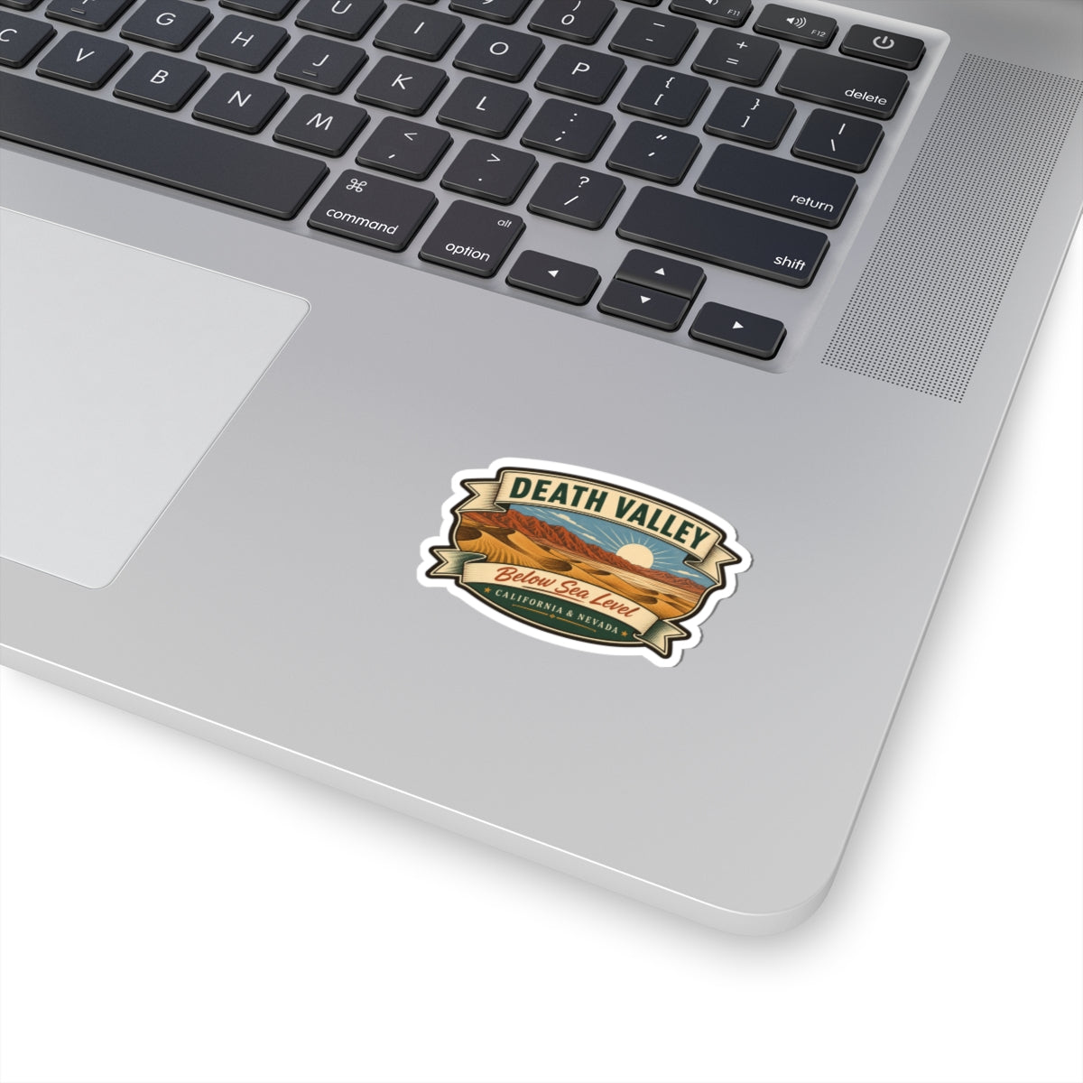 Death Valley travel sticker, retro desert badge with colored banner
