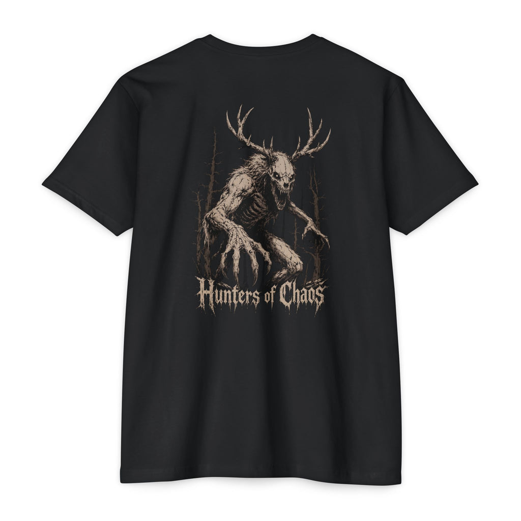 Black T-shirt with large 'Hunters of Chaos' deer antler skull graphic