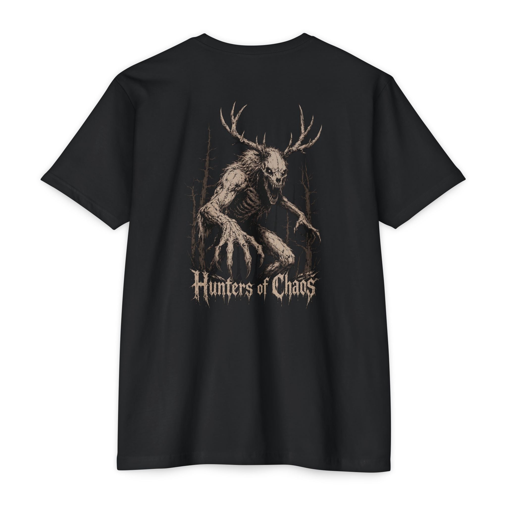 Black T-shirt with large 'Hunters of Chaos' deer antler skull graphic