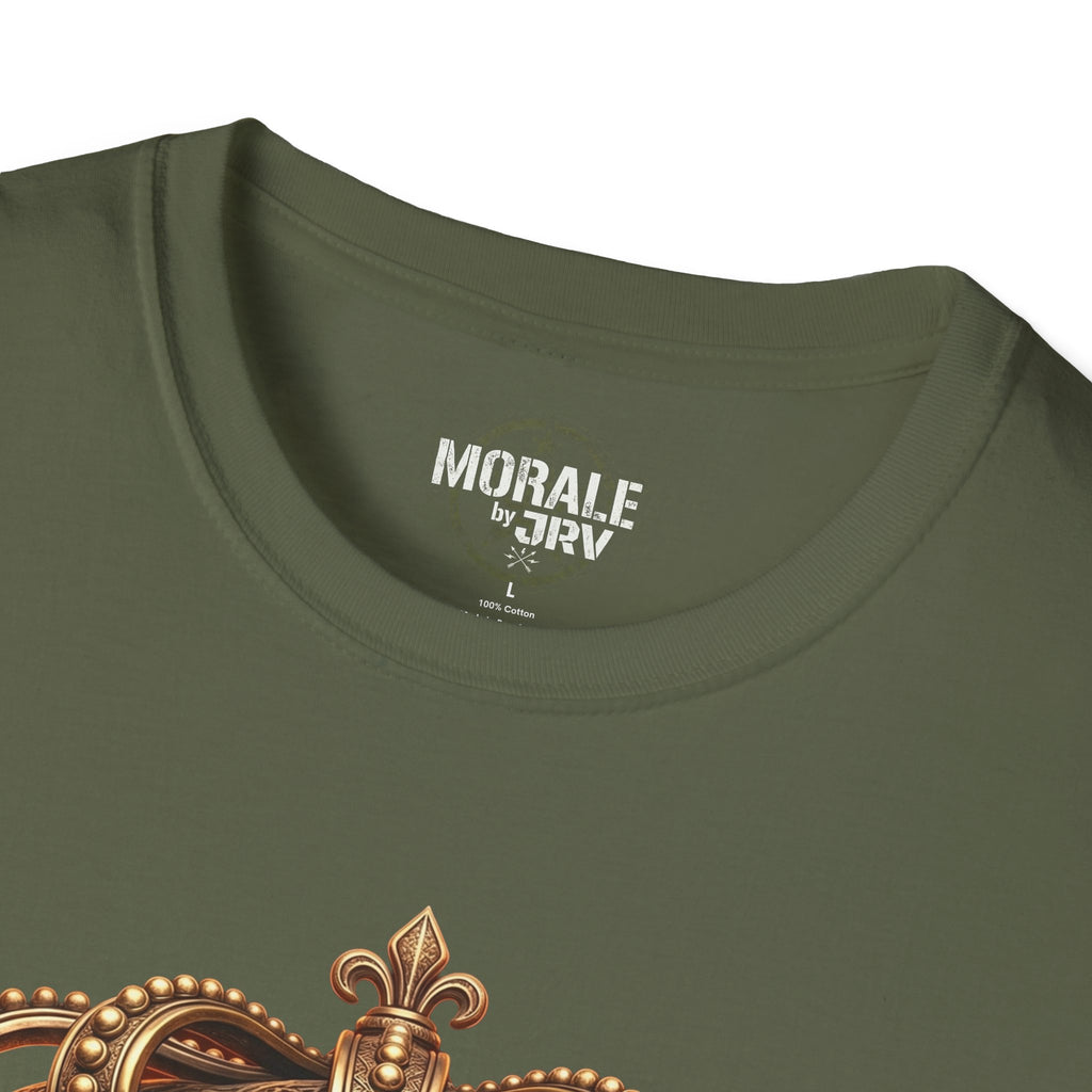 Military green T-shirt neckline with chest tag, gold crown graphic detail