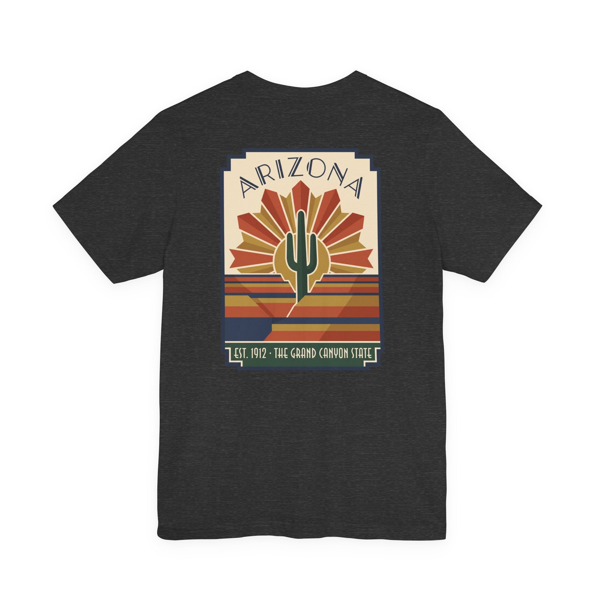 Dark charcoal t-shirt with Arizona cactus art graphic in framed sunburst