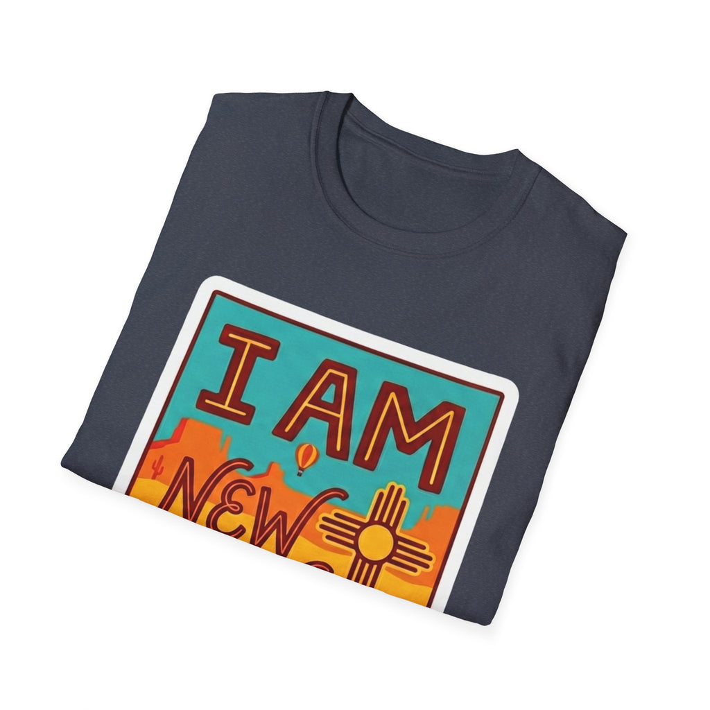 Dark gray T-shirt featuring the colorful rectangular I Am New Mexico state graphic