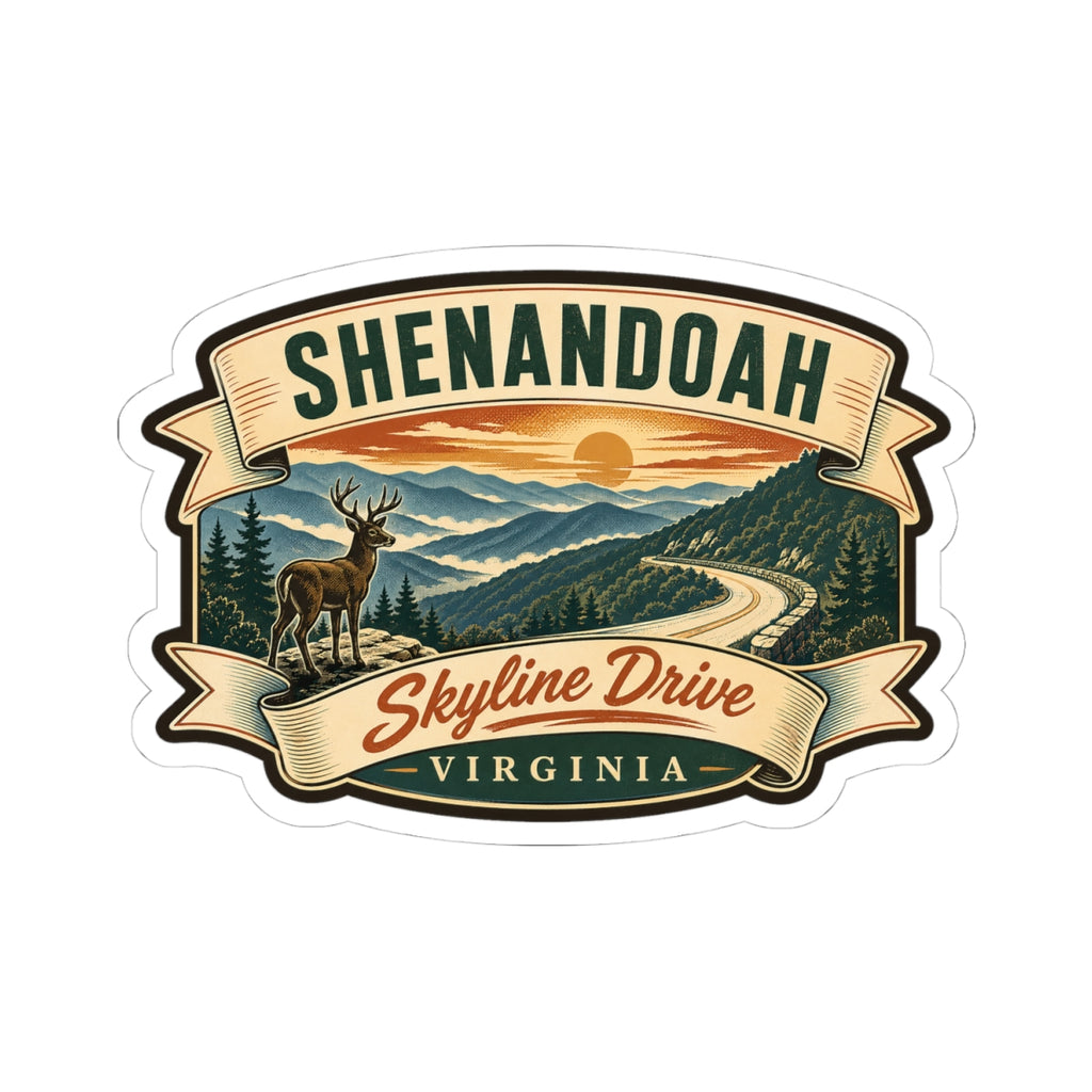 Shenandoah National Park travel sticker showing deer, winding road, Skyline Drive, Virginia