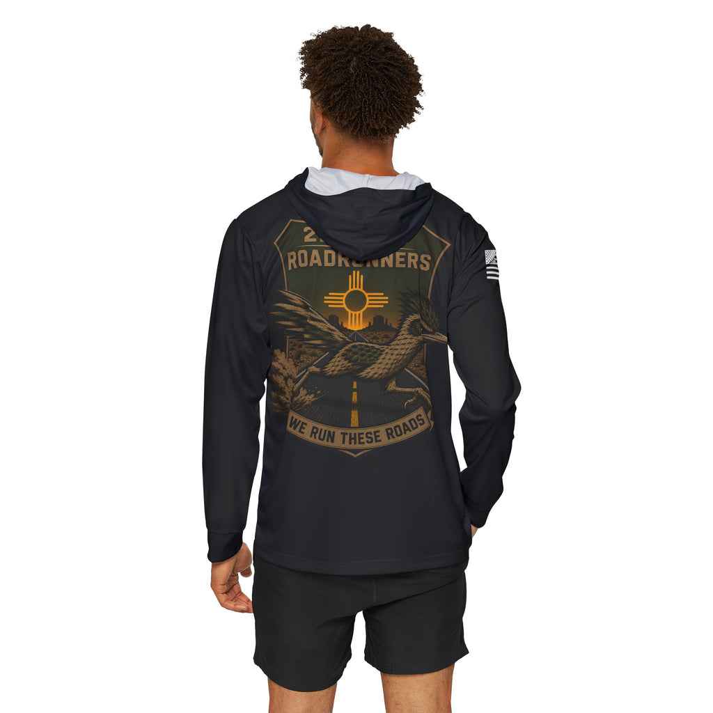 Black pullover hoodie on model with hood and back graphic with bird and text