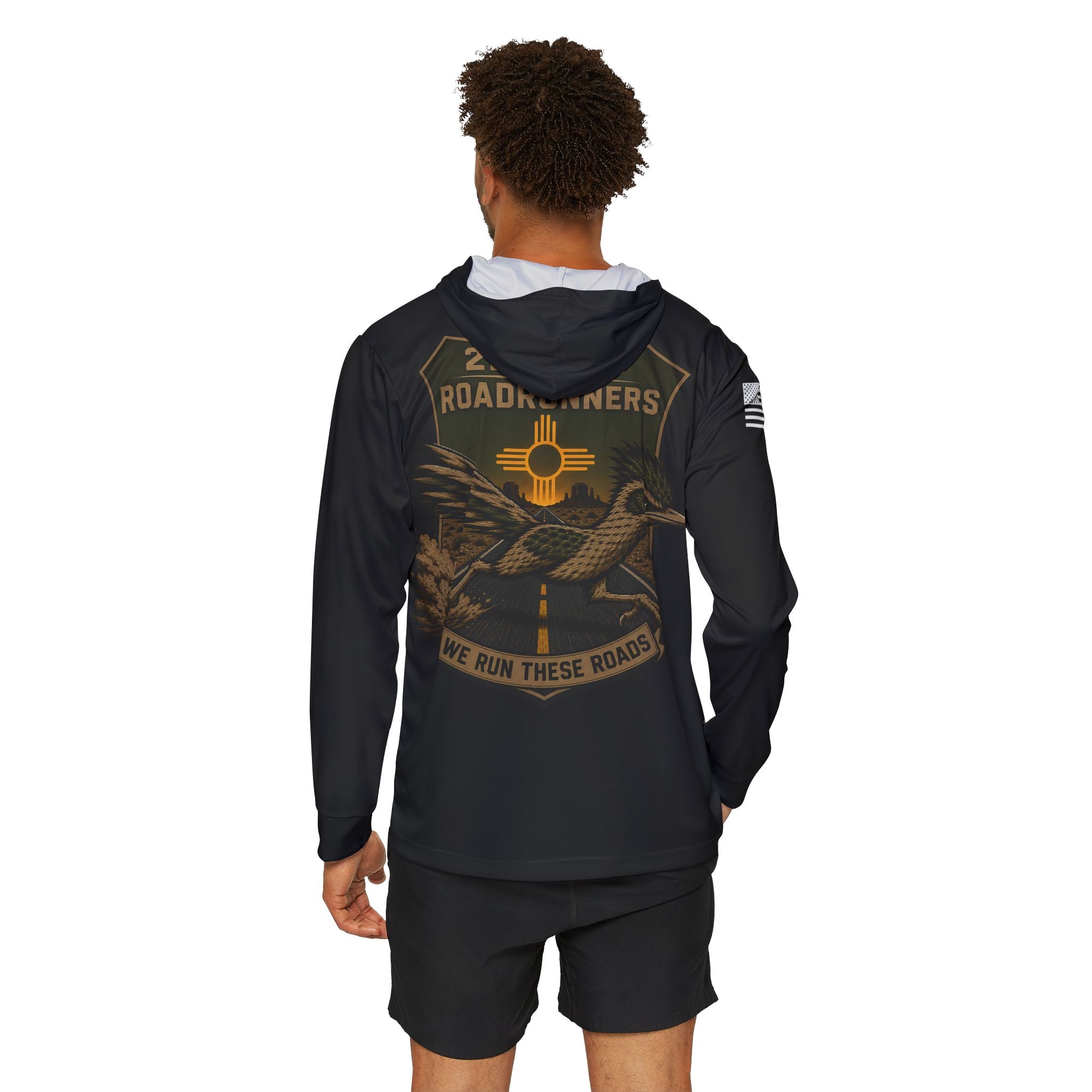 Black pullover hoodie on model with hood and back graphic with bird and text