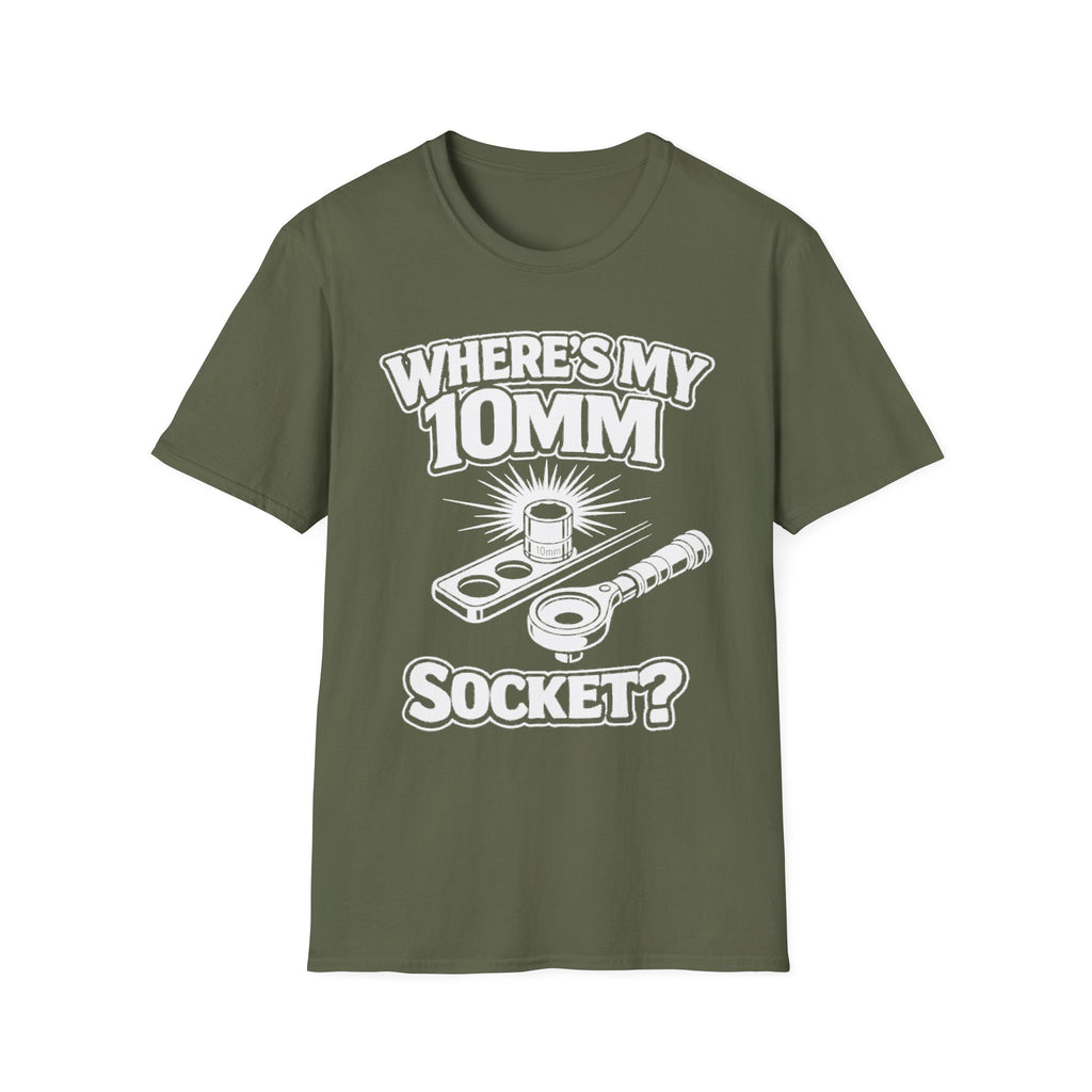 Where's My 10mm Socket? T-shirt in military green with white tool graphic front